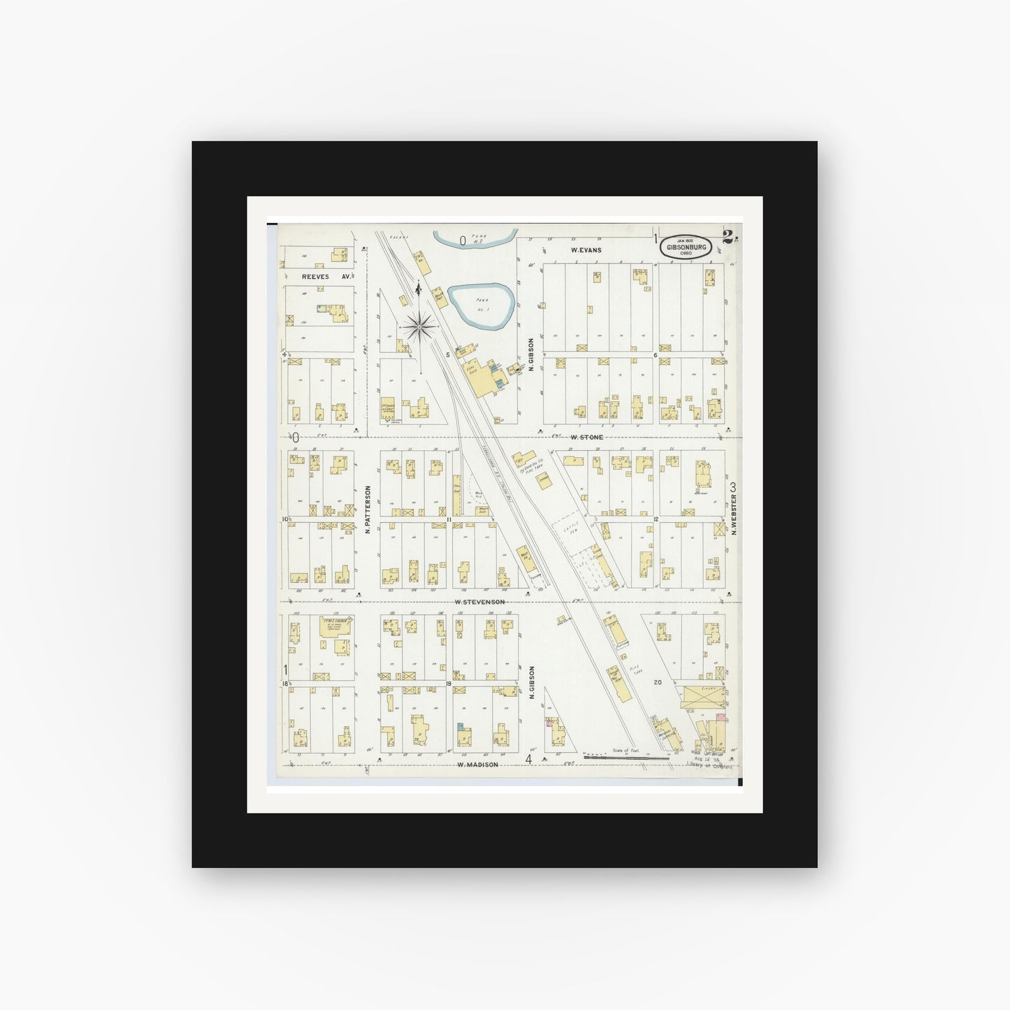 Old map wall art mockup — black gallery frame with white mat — Sanborn Fire Insurance Map from Gibsonburg, Sandusky County, Ohio (1902), Sheet #0002