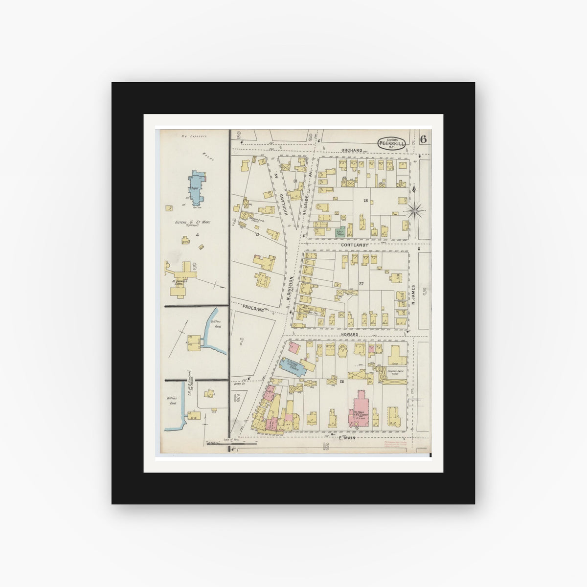 Old map wall art mockup — black gallery frame with white mat — Sanborn Fire Insurance Map from Peekskill, Westchester County, New York (1895), Sheet #0006