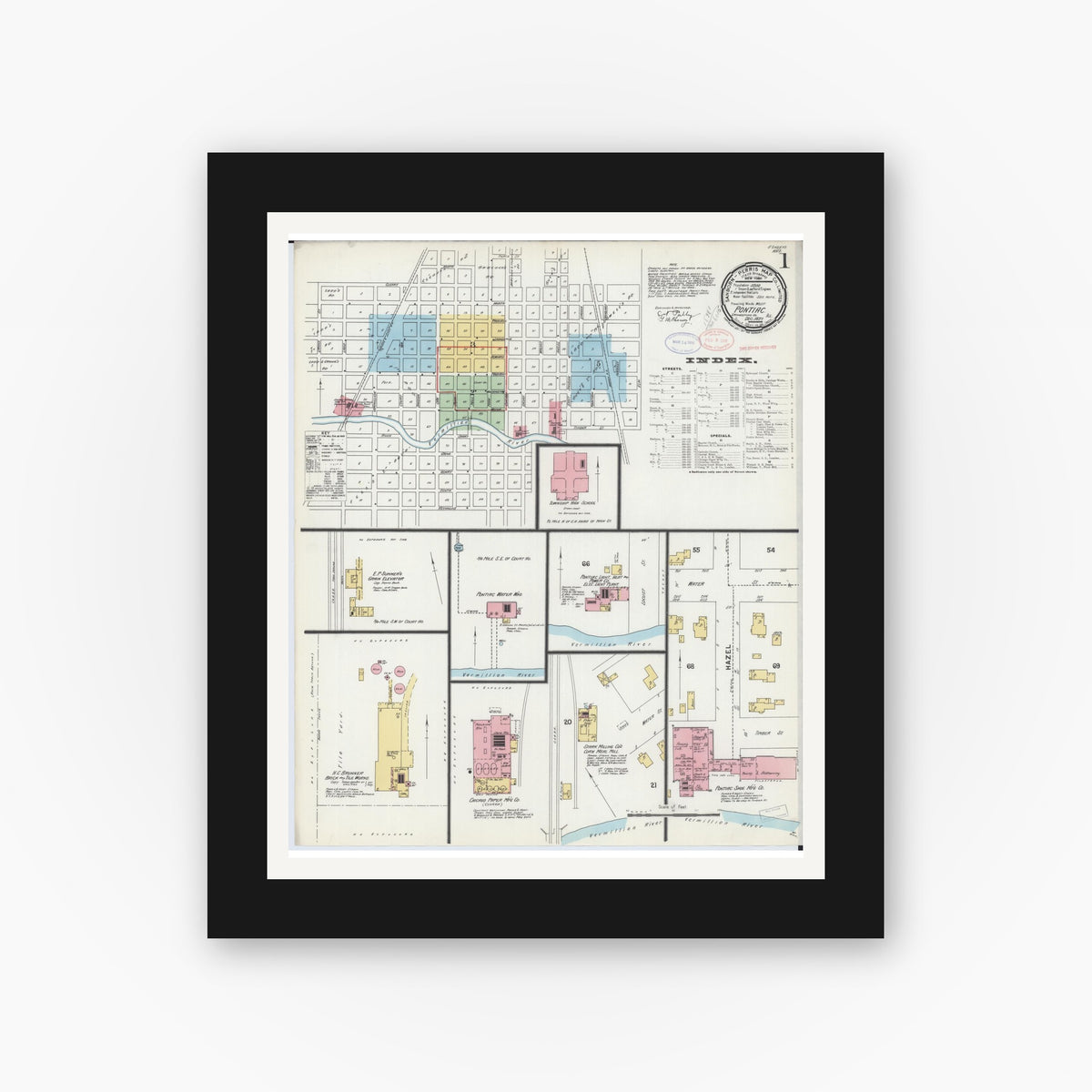 Old map wall art mockup — black gallery frame with white mat — Sanborn Fire Insurance Map from Pontiac, Livingston County, Illinois (1897) - Complete Map Set