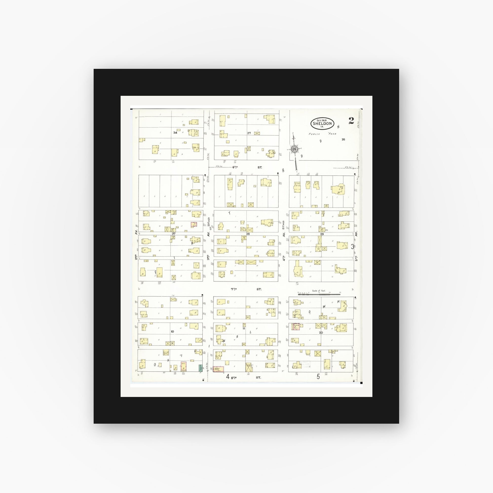 Old map wall art mockup — black gallery frame with white mat — Sanborn Fire Insurance Map from Sheldon, O'Brien County, Iowa (1909), Sheet #0002