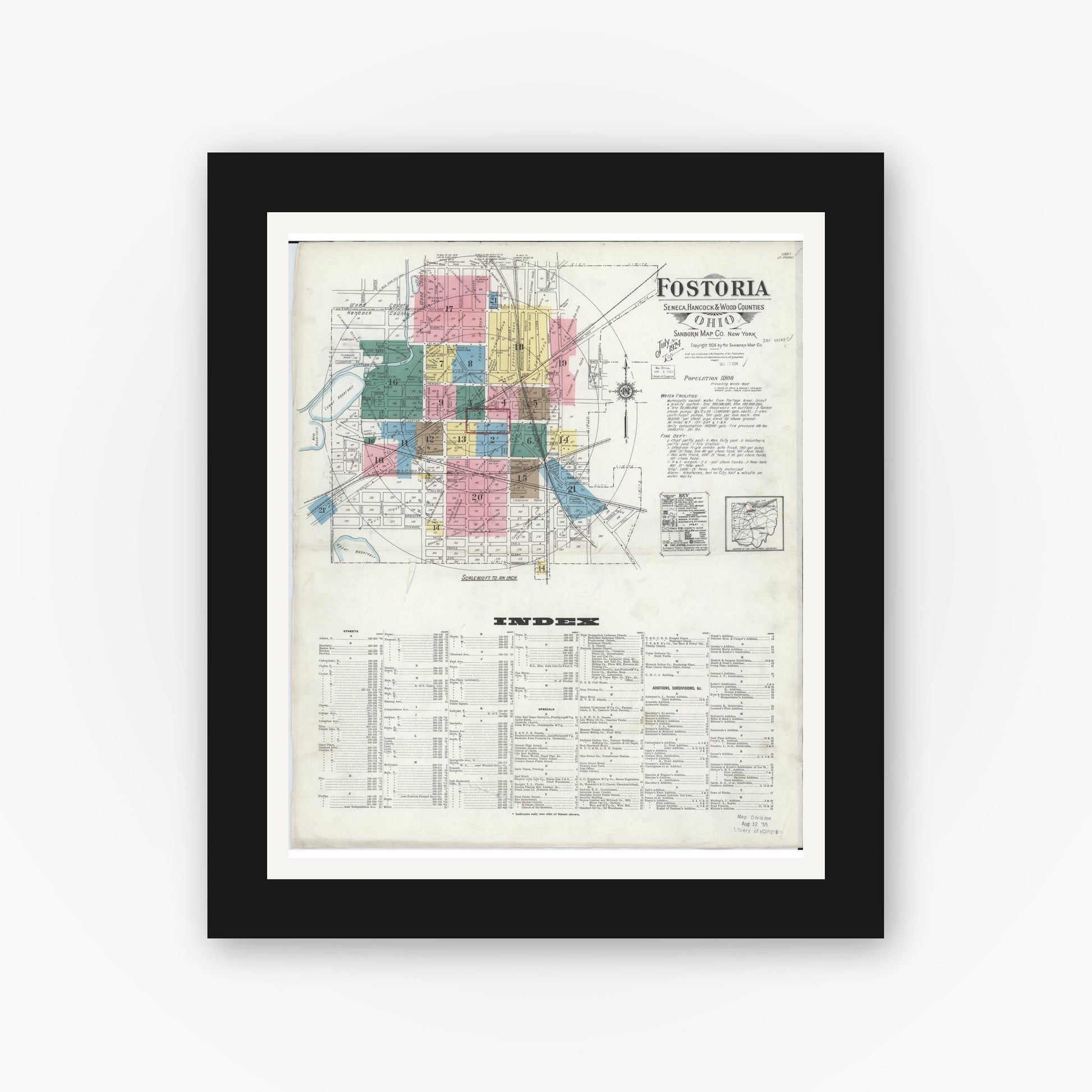 Old map wall art mockup — black gallery frame with white mat — Sanborn Fire Insurance Map from Fostoria, Seneca, Hancock, And Wood Counties, Ohio (1924) - Complete Map Set