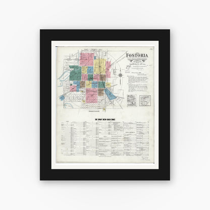 Old map wall art mockup — black gallery frame with white mat — Sanborn Fire Insurance Map from Fostoria, Seneca, Hancock, And Wood Counties, Ohio (1924) - Complete Map Set