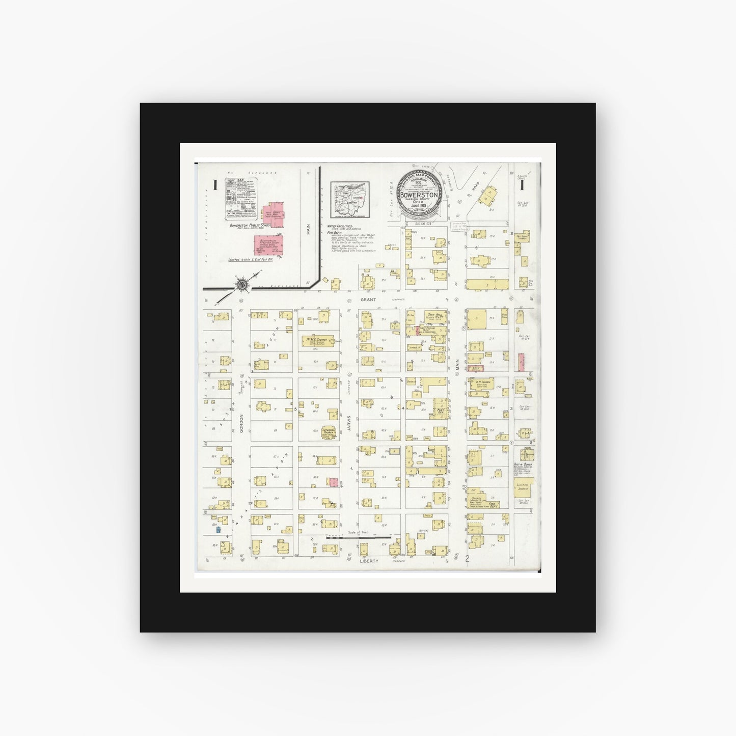 Old map wall art mockup — black gallery frame with white mat — Sanborn Fire Insurance Map from Bowerston, Harrison County, Ohio (1929), Sheet #0001