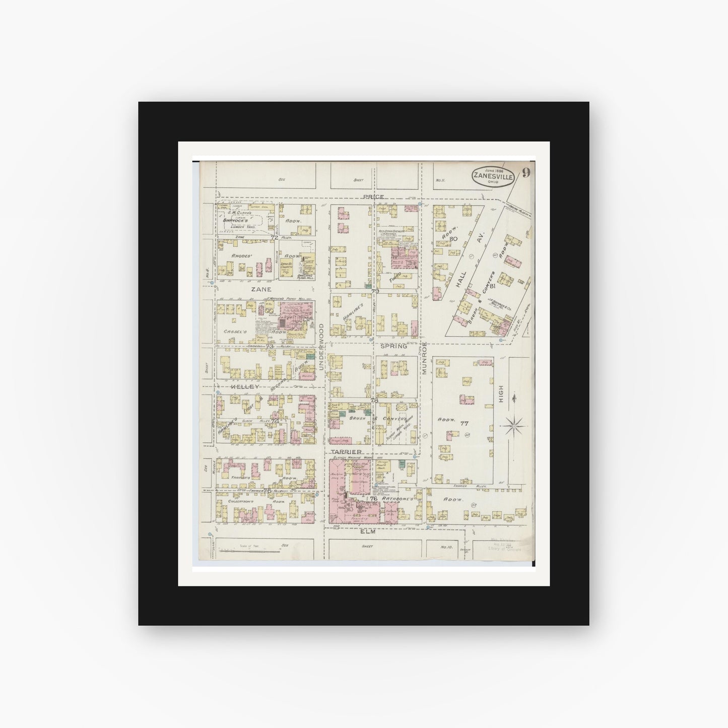 Old map wall art mockup — black gallery frame with white mat — Sanborn Fire Insurance Map from Zanesville, Muskingum County, Ohio (1886), Sheet #0009