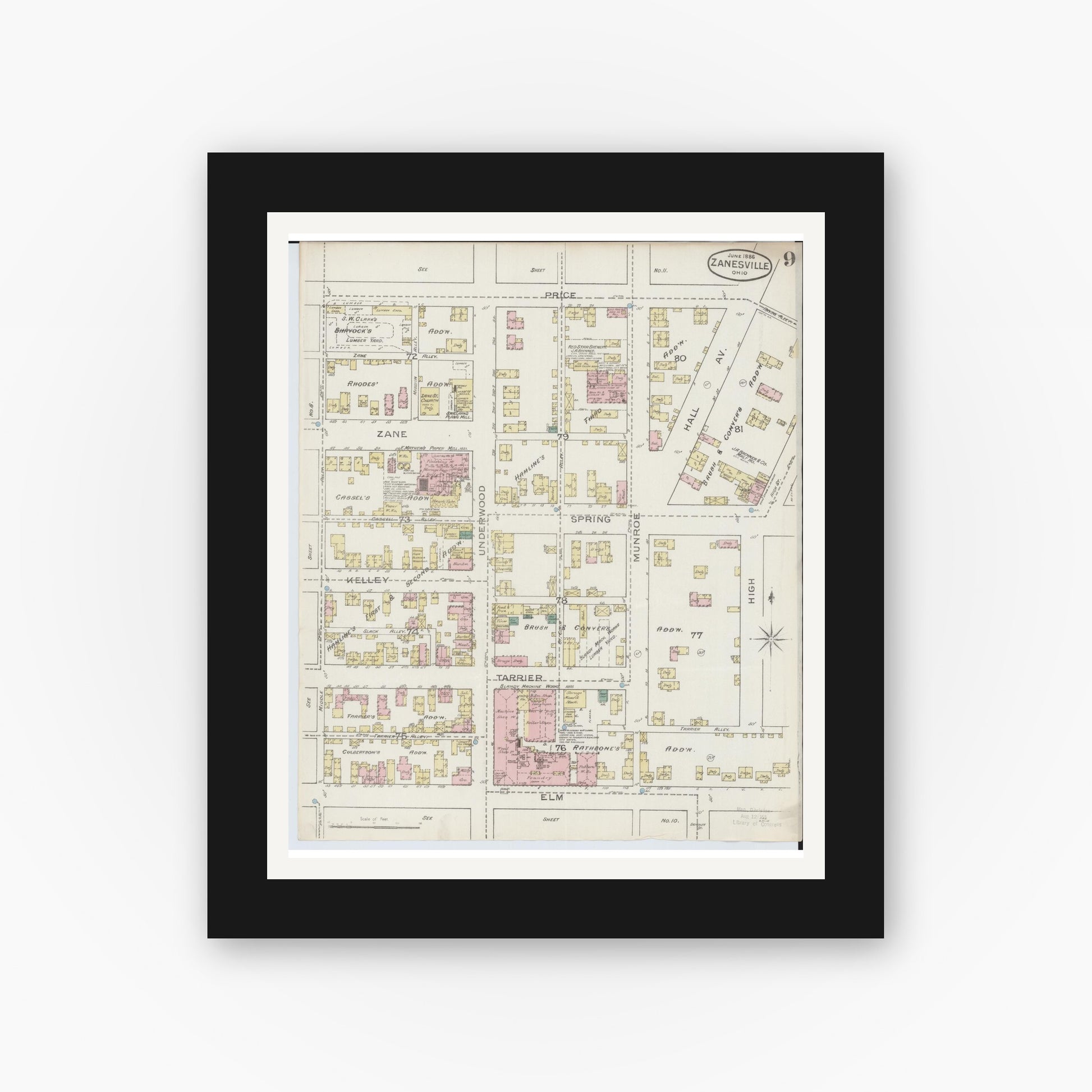 Old map wall art mockup — black gallery frame with white mat — Sanborn Fire Insurance Map from Zanesville, Muskingum County, Ohio (1886), Sheet #0009
