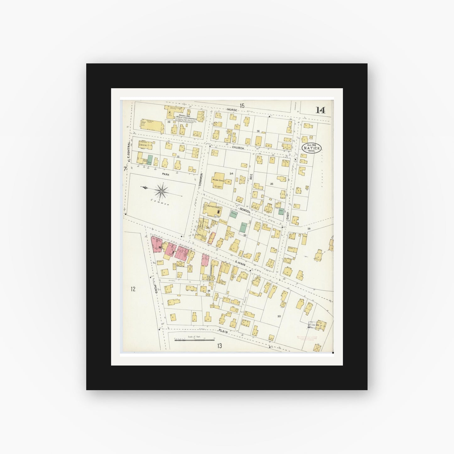Old map wall art mockup — black gallery frame with white mat — Sanborn Fire Insurance Map from Natick, Middlesex County, Massachusetts (1904), Sheet #0014