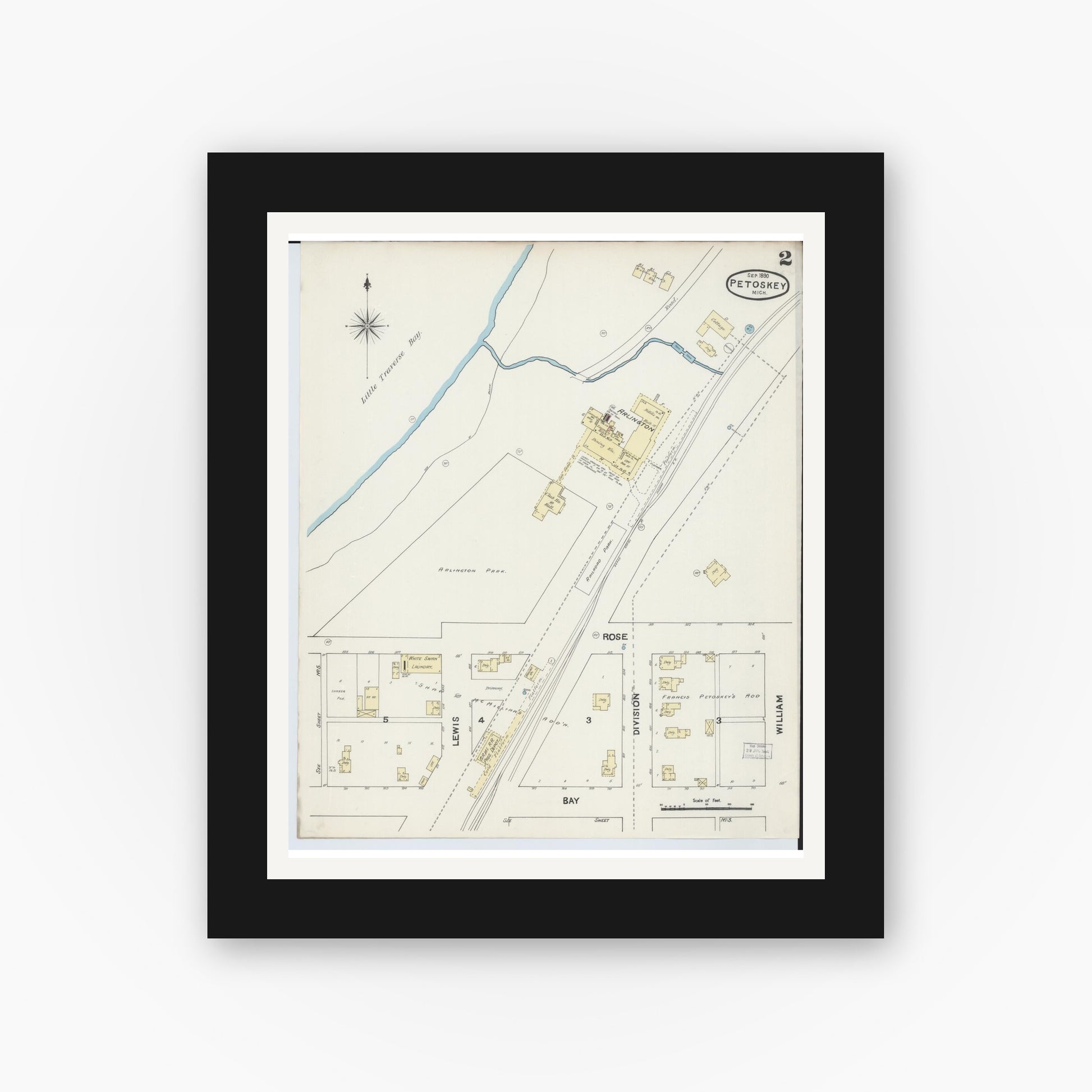 Old map wall art mockup — black gallery frame with white mat — Sanborn Fire Insurance Map from Petoskey, Emmet County, Michigan (1890), Sheet #0002