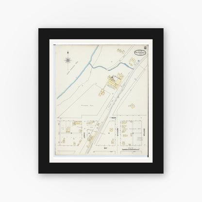 Old map wall art mockup — black gallery frame with white mat — Sanborn Fire Insurance Map from Petoskey, Emmet County, Michigan (1890), Sheet #0002