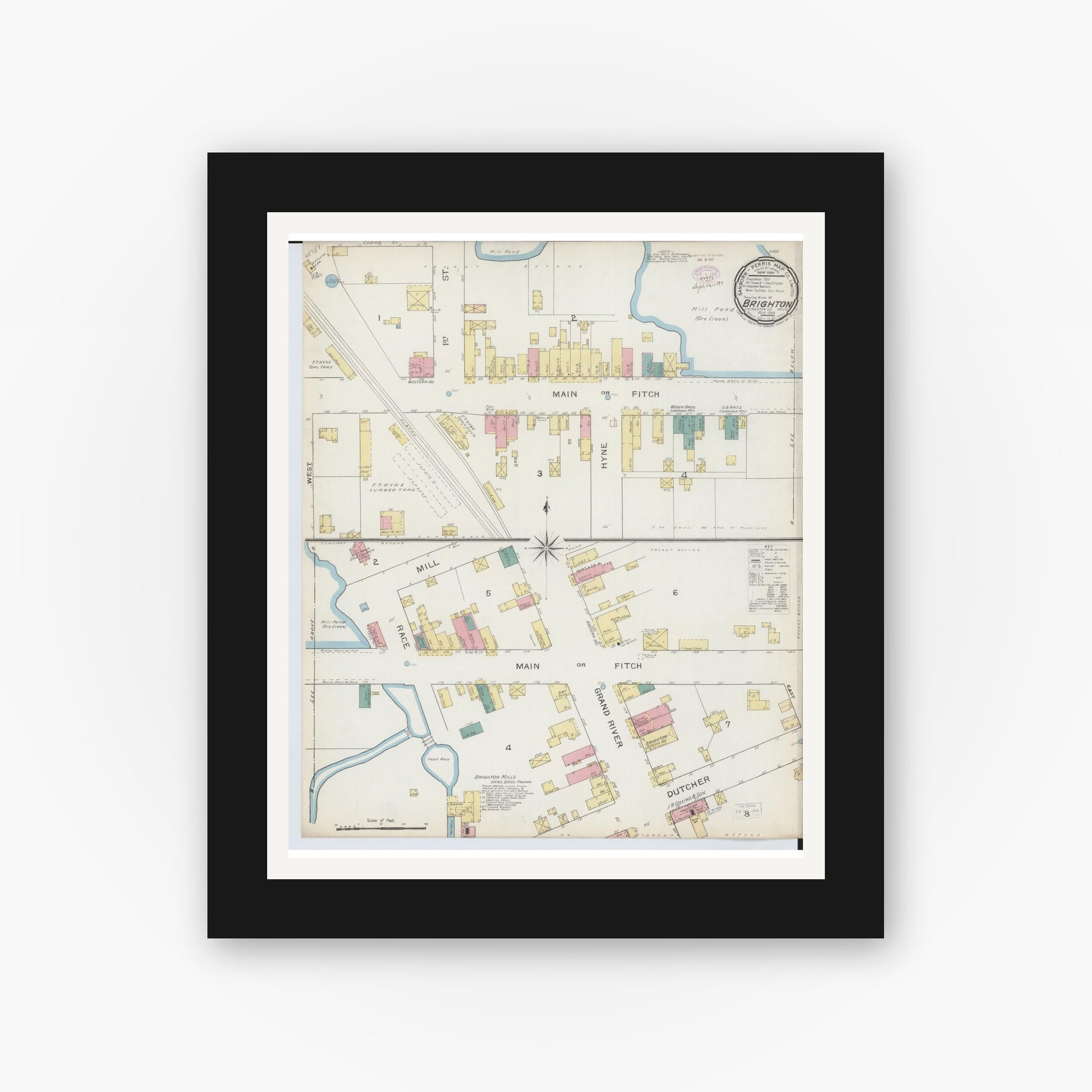 Old map wall art mockup — black gallery frame with white mat — Sanborn Fire Insurance Map from Brighton, Livingston County, Michigan (1893), Sheet #0001