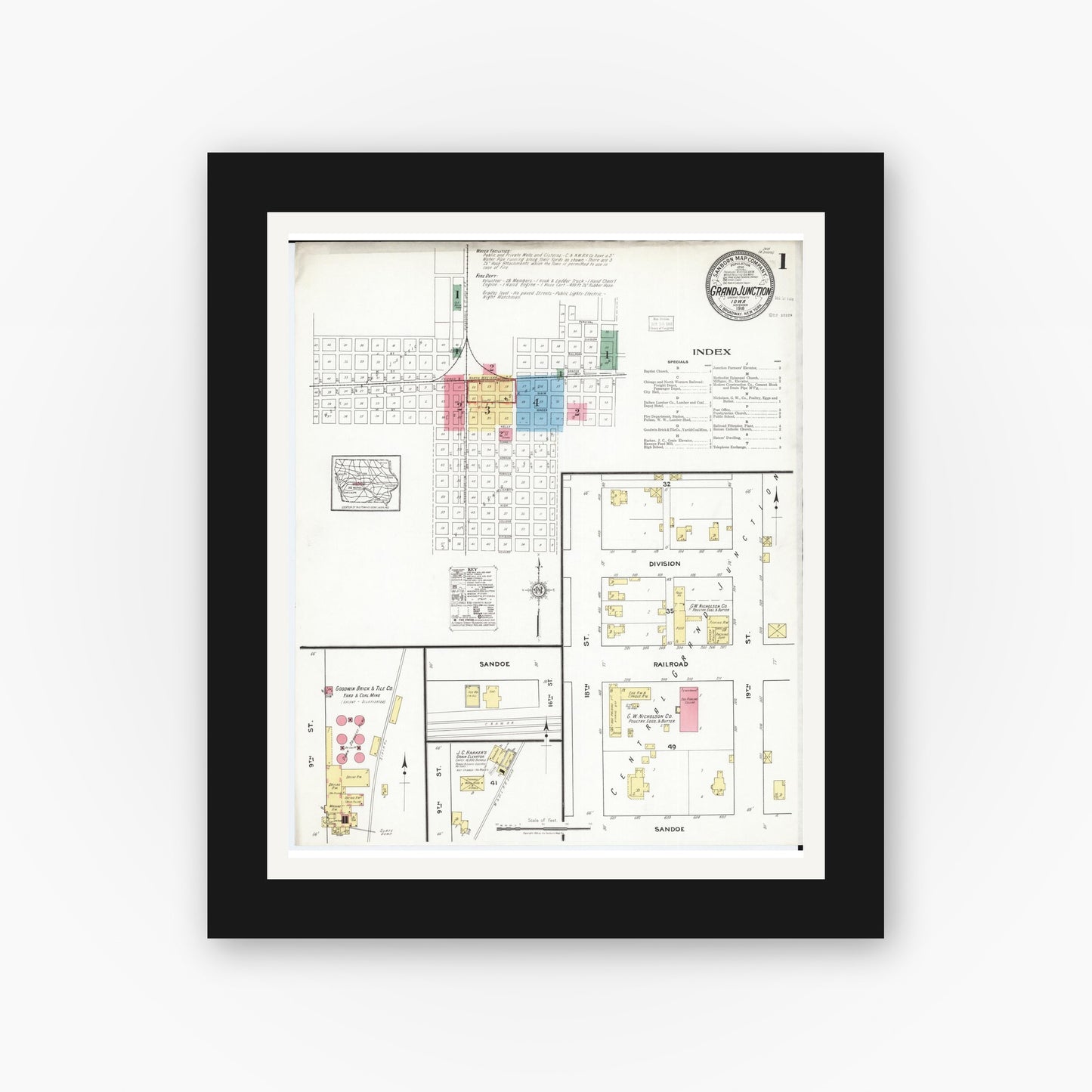 Old map wall art mockup — black gallery frame with white mat — Sanborn Fire Insurance Map from Grand Junction, Greene County, Iowa (1918) â€” Complete Set