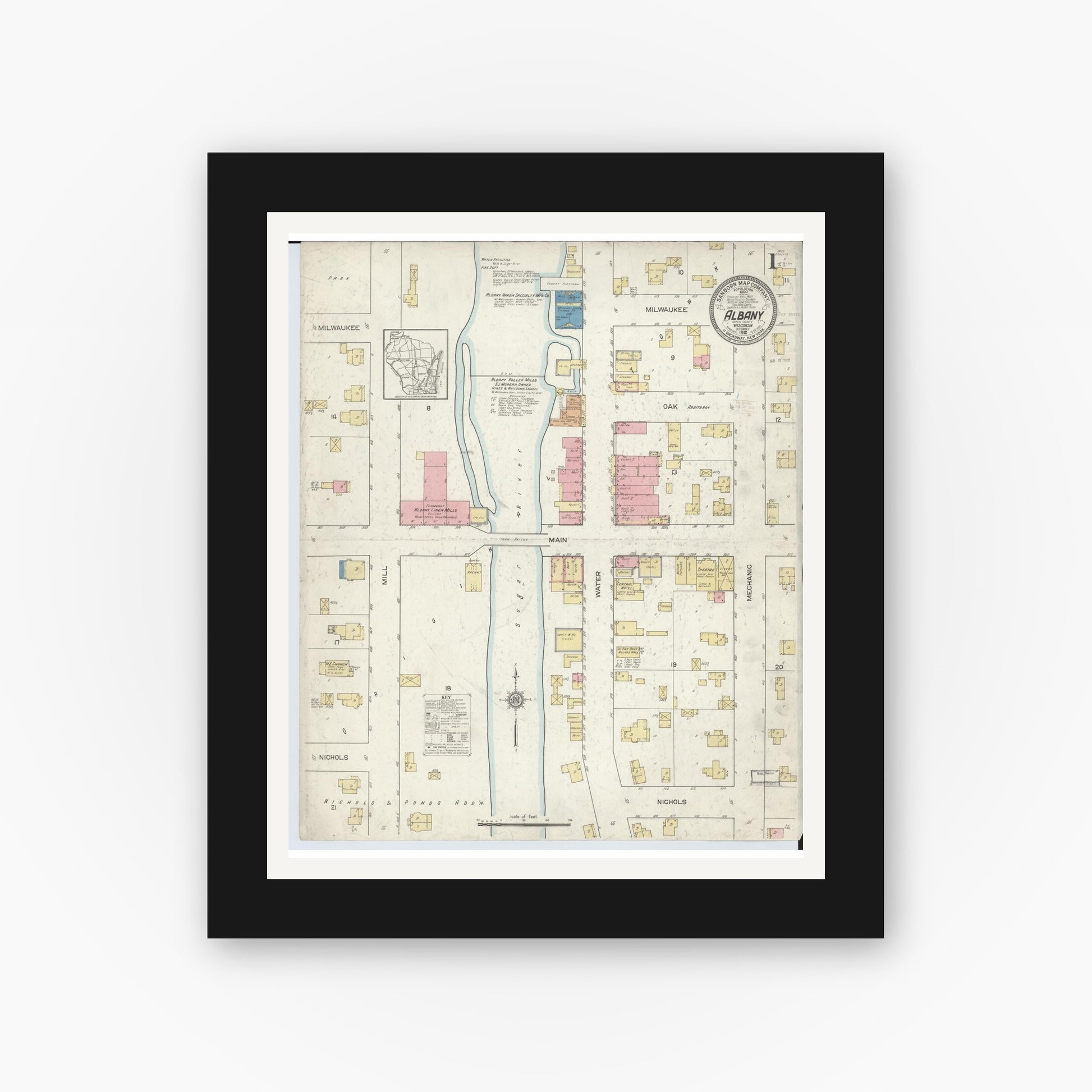Old map wall art mockup — black gallery frame with white mat — Sanborn Fire Insurance Map from Albany, Green County, Wisconsin (1912) - Complete Map Set