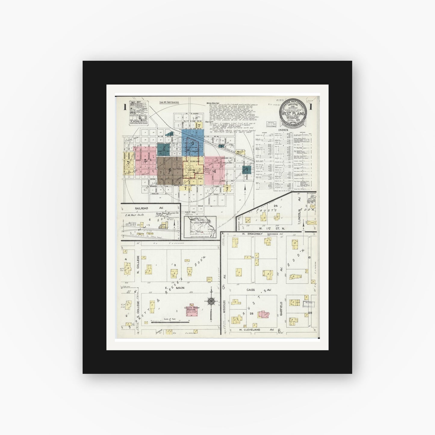 Old map wall art mockup — black gallery frame with white mat — Sanborn Fire Insurance Map from West Plains, Howell County, Missouri (1924), Sheet #0001
