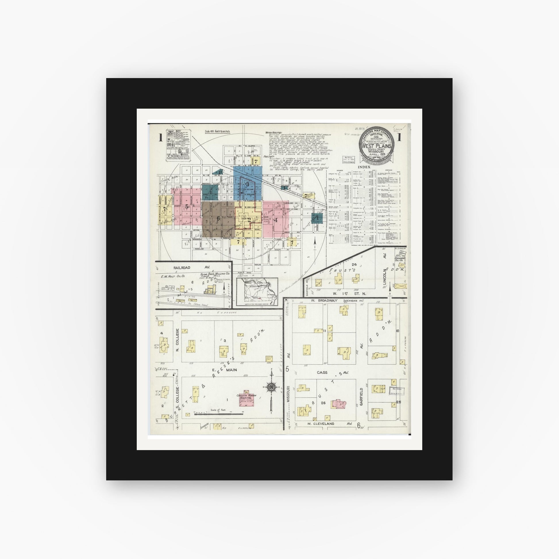 Old map wall art mockup — black gallery frame with white mat — Sanborn Fire Insurance Map from West Plains, Howell County, Missouri (1924), Sheet #0001