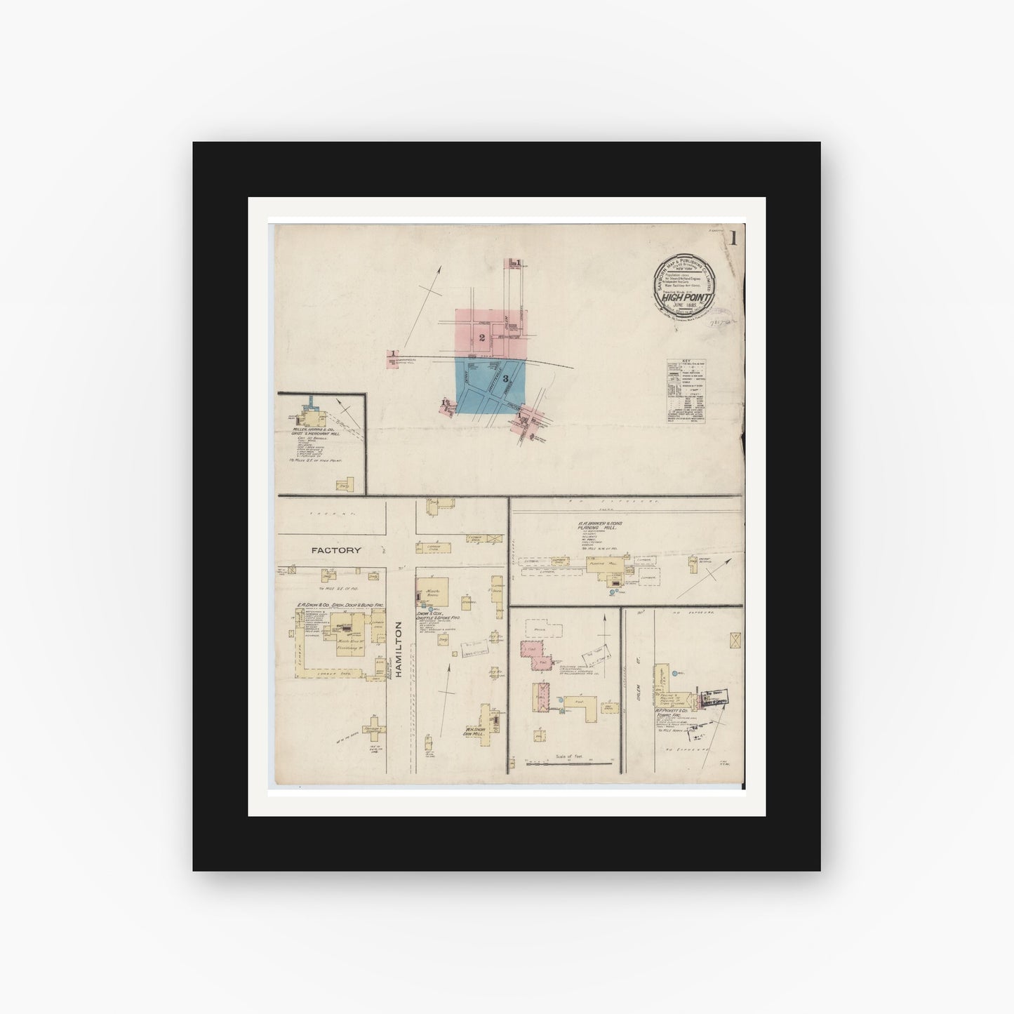 Old map wall art mockup — black gallery frame with white mat — Sanborn Fire Insurance Map from High Point, Guilford County, North Carolina (1885) - Complete Map Set