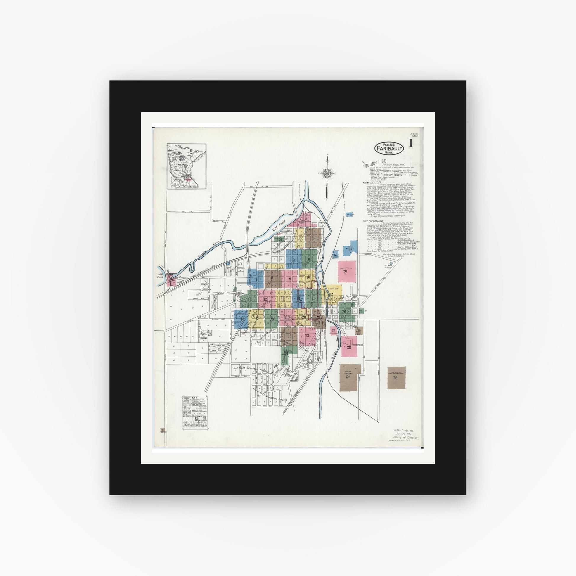 Old map wall art mockup — black gallery frame with white mat — Sanborn Fire Insurance Map from Faribault, Rice County, Minnesota (1921) - Complete Map Set