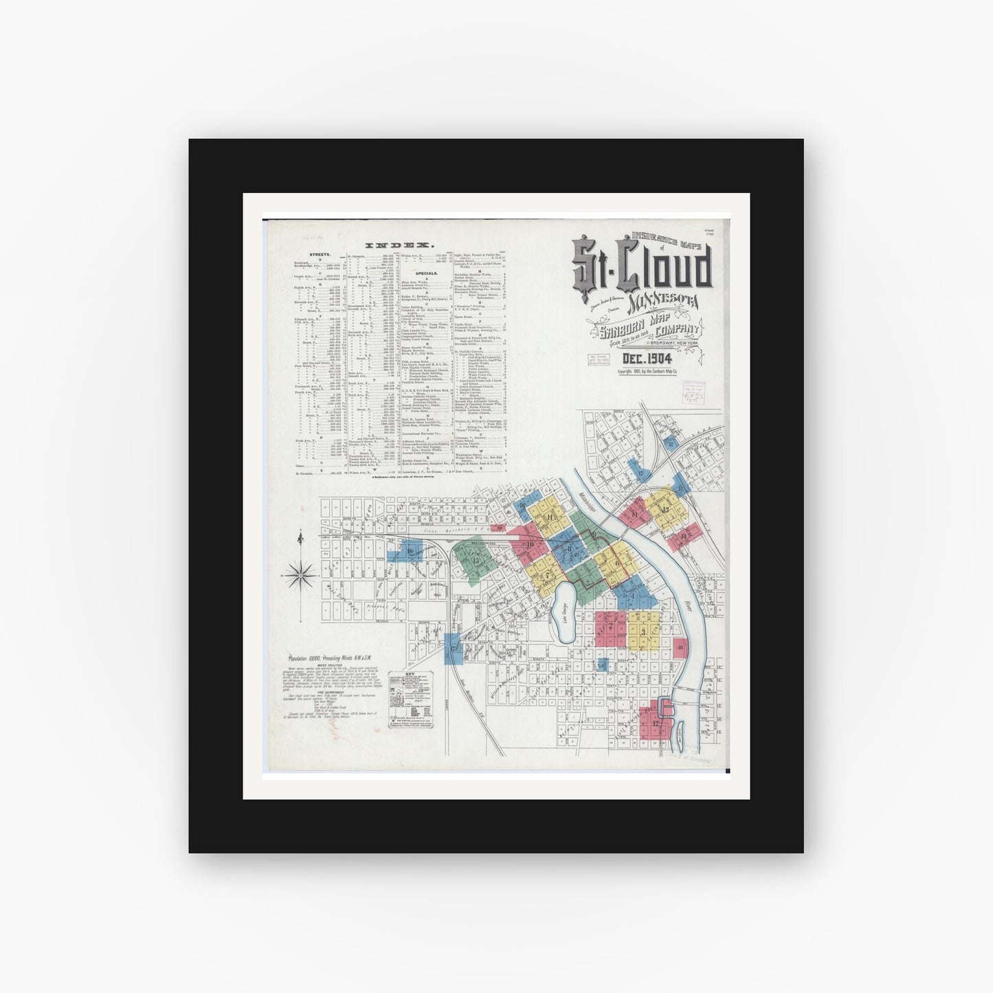 Old map wall art mockup — black gallery frame with white mat — Sanborn Fire Insurance Map from Saint Cloud, Stearns, Benton, and Sherburne Counties, Minnesota (1904) - Complete Map Set
