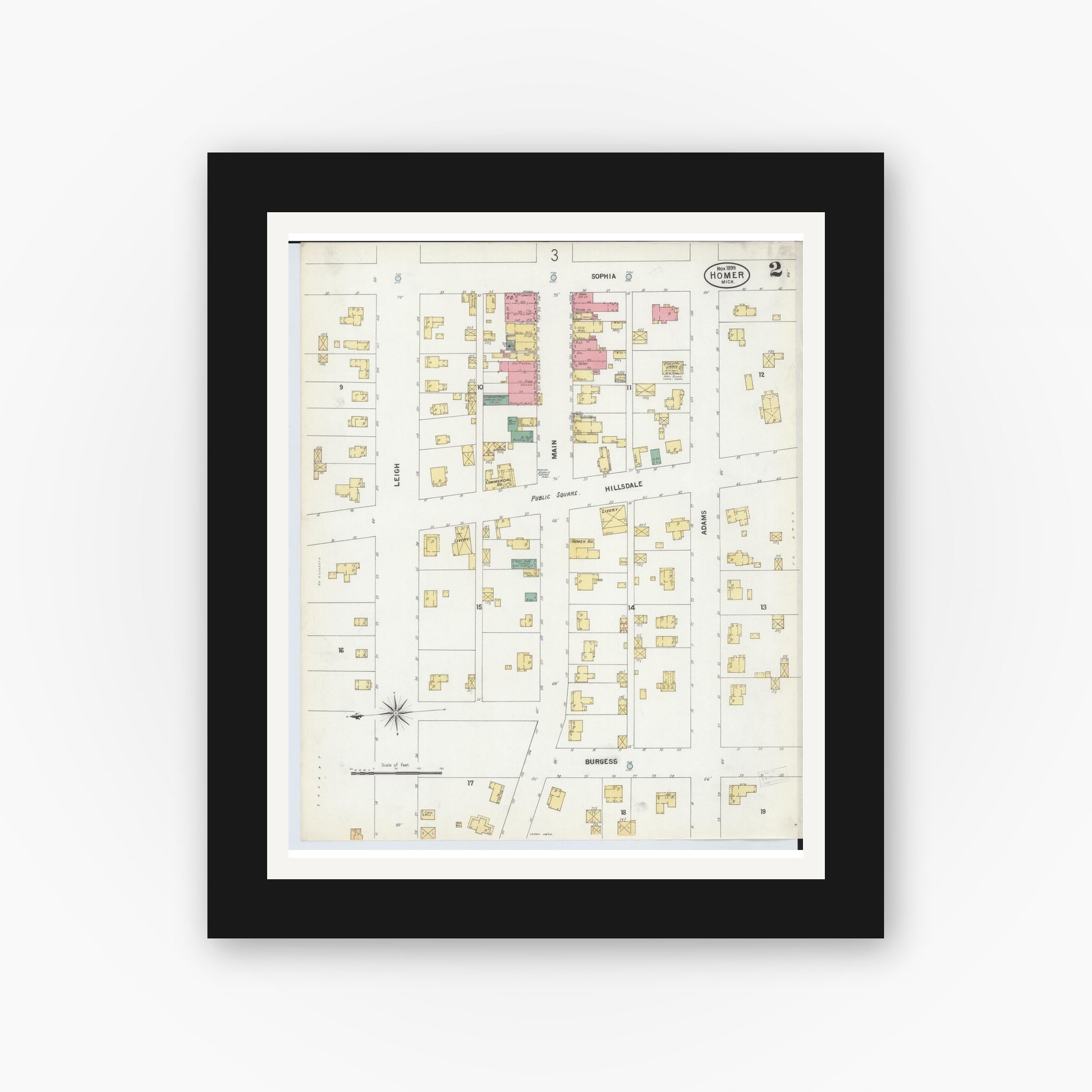 Old map wall art mockup — black gallery frame with white mat — Sanborn Fire Insurance Map from Homer, Calhoun County, Michigan (1899), Sheet #0002