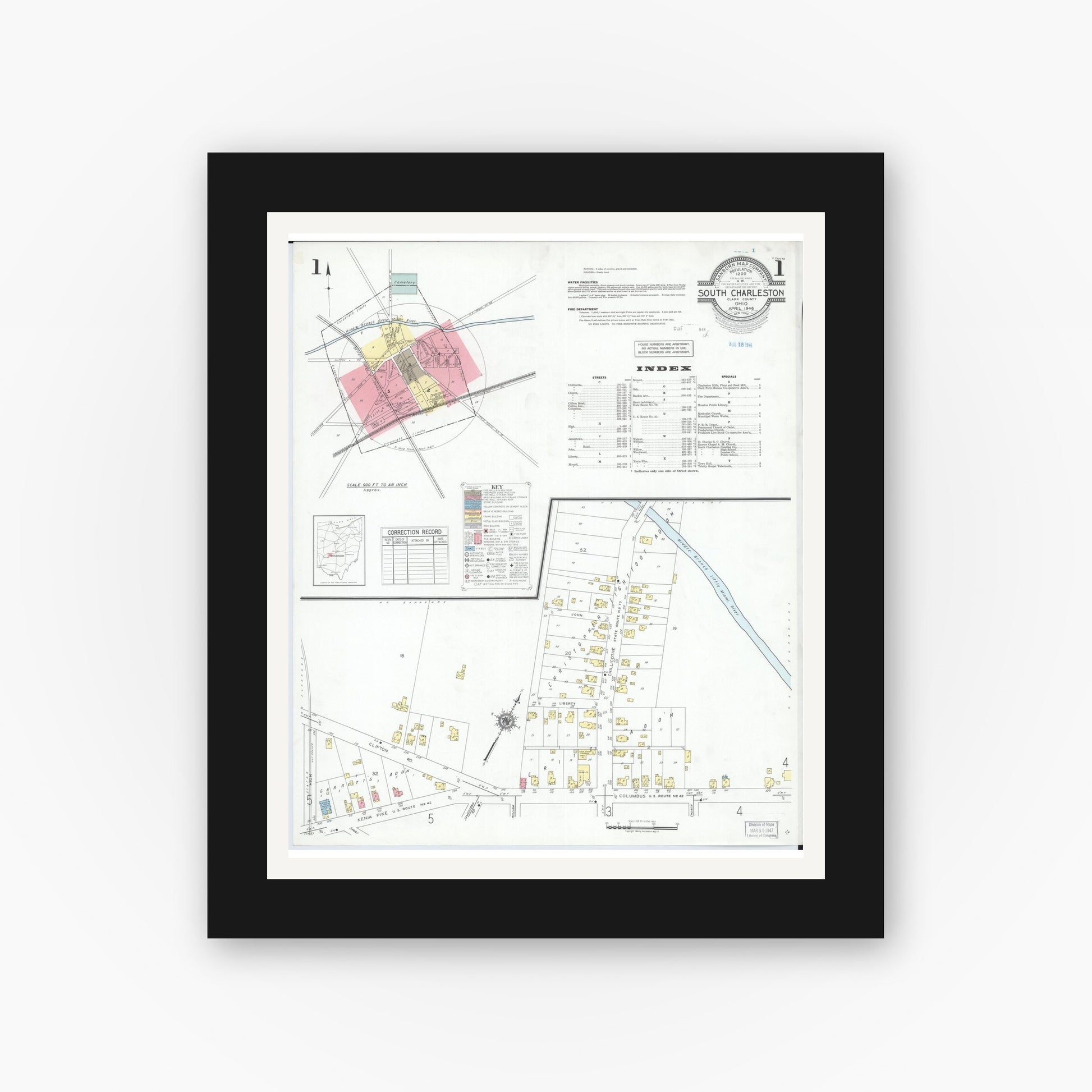 Old map wall art mockup — black gallery frame with white mat — Sanborn Fire Insurance Map from South Charleston, Clark County, Ohio (1946), Sheet #0001