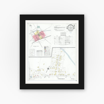 Old map wall art mockup — black gallery frame with white mat — Sanborn Fire Insurance Map from South Charleston, Clark County, Ohio (1946), Sheet #0001