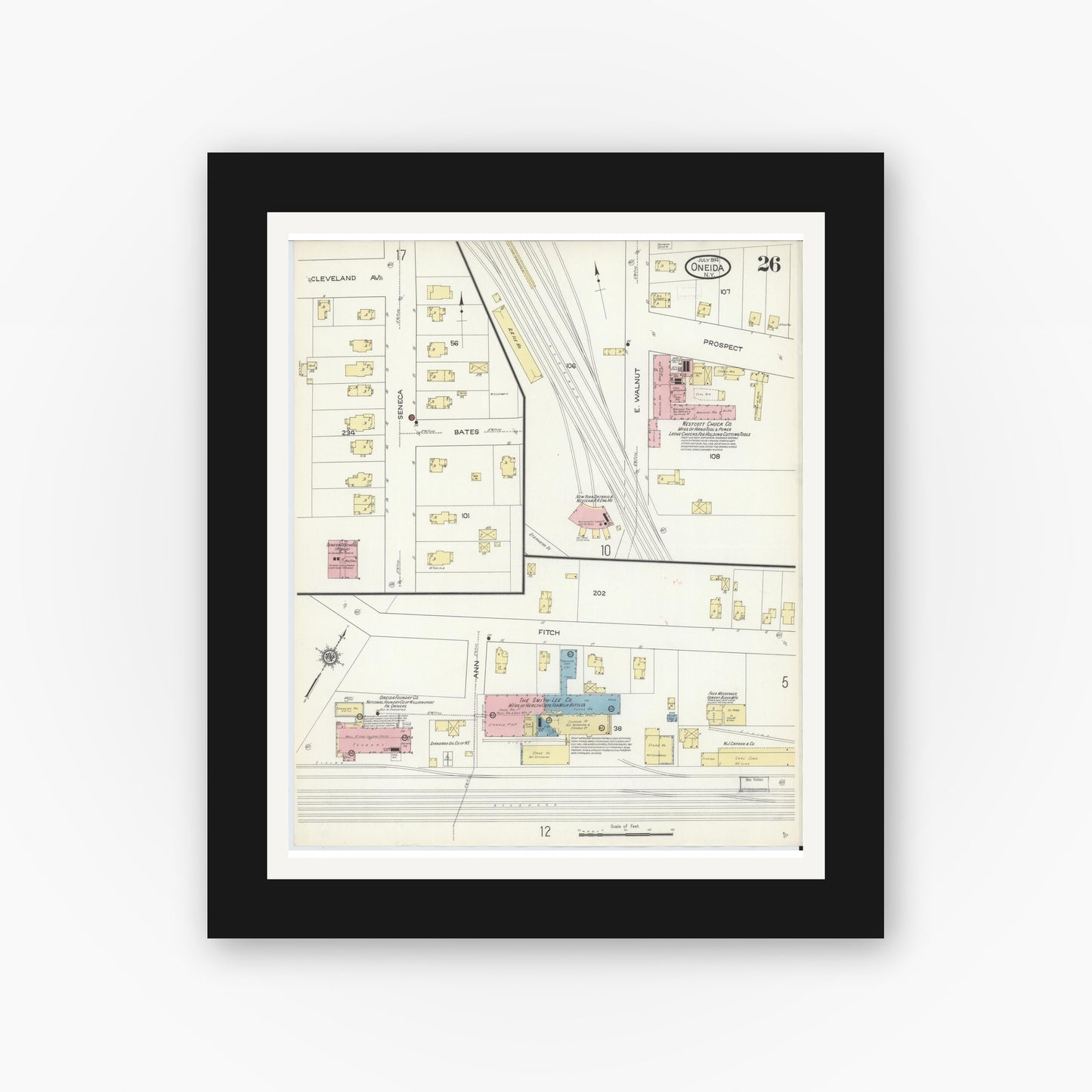 Old map wall art mockup — black gallery frame with white mat — Sanborn Fire Insurance Map from Oneida, Madison County, New York (1914), Sheet #0026