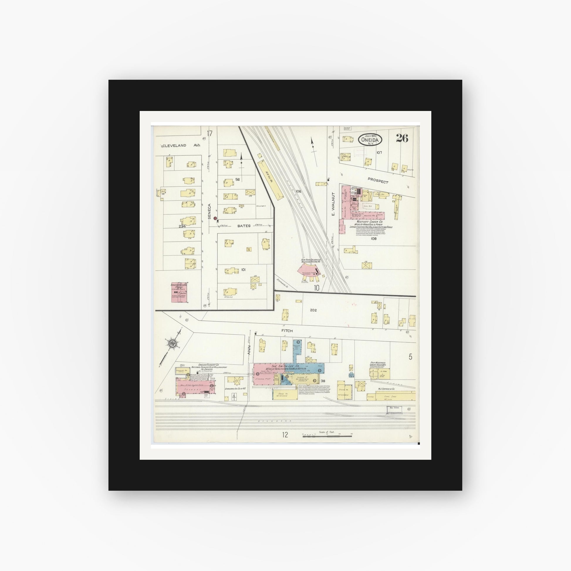 Old map wall art mockup — black gallery frame with white mat — Sanborn Fire Insurance Map from Oneida, Madison County, New York (1914), Sheet #0026