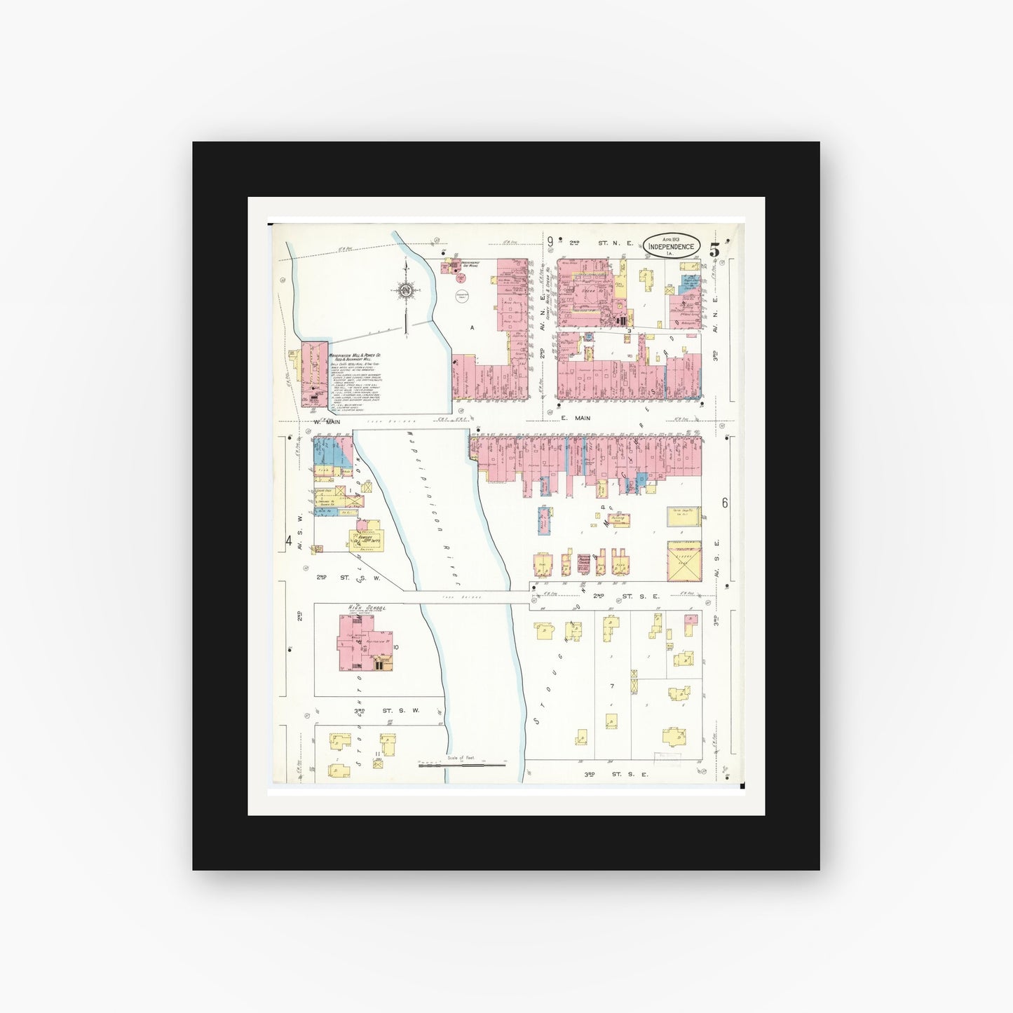 Old map wall art mockup — black gallery frame with white mat — Sanborn Fire Insurance Map from Independence, Buchanan County, Iowa (1913), Sheet #0005