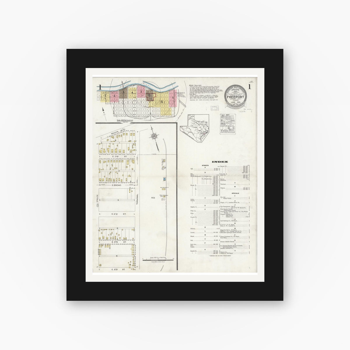 Old map wall art mockup — black gallery frame with white mat — Sanborn Fire Insurance Map from Freeport, Brazoria County, Texas (1926), Sheet #0001