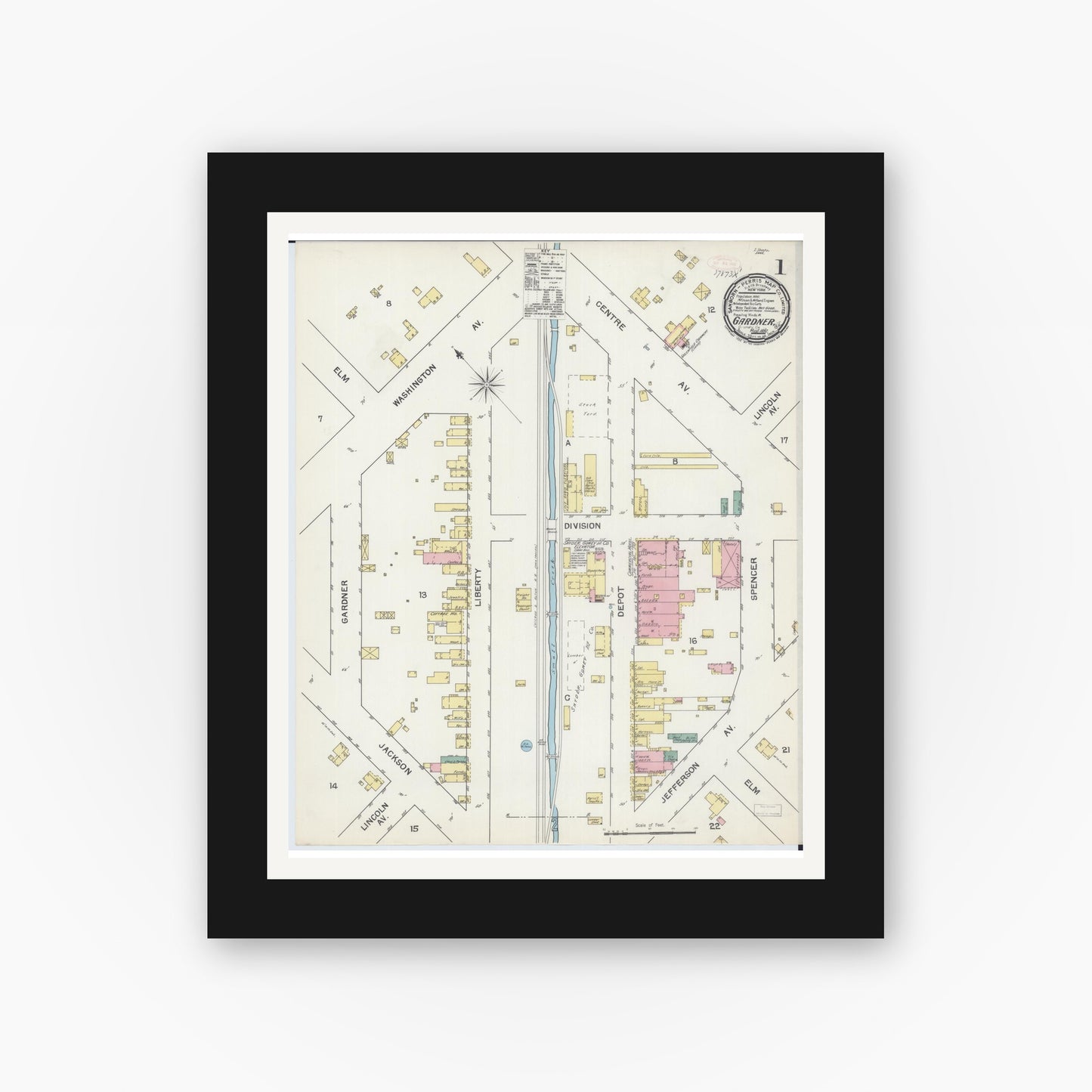 Old map wall art mockup — black gallery frame with white mat — Sanborn Fire Insurance Map from Gardner, Grundy County, Illinois (1892), Sheet #0001