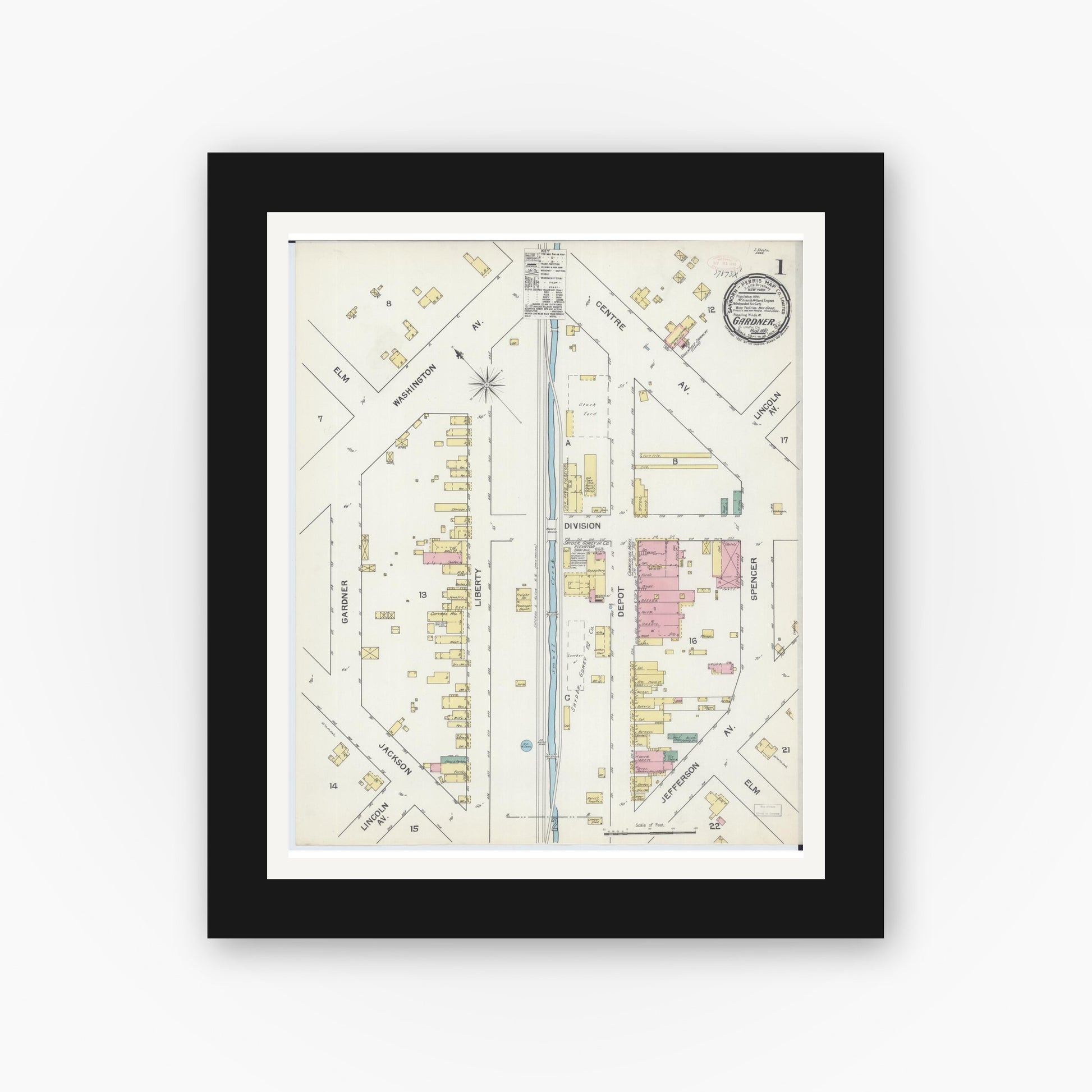 Old map wall art mockup — black gallery frame with white mat — Sanborn Fire Insurance Map from Gardner, Grundy County, Illinois (1892), Sheet #0001
