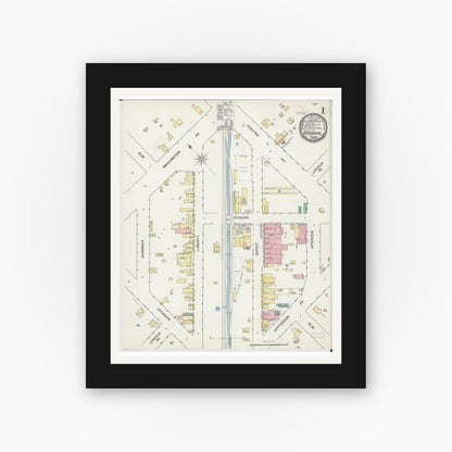 Old map wall art mockup — black gallery frame with white mat — Sanborn Fire Insurance Map from Gardner, Grundy County, Illinois (1892), Sheet #0001
