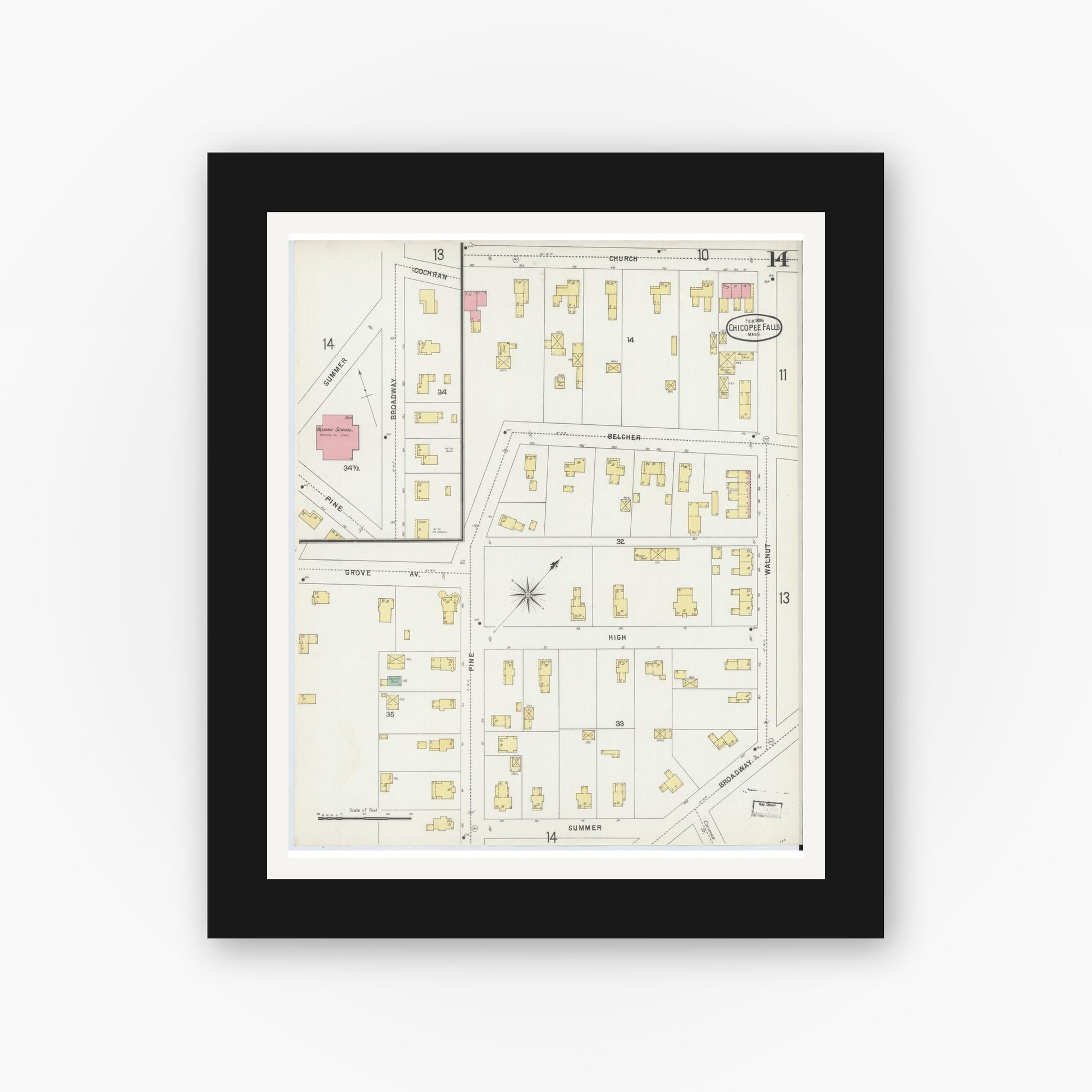 Old map wall art mockup — black gallery frame with white mat — Sanborn Fire Insurance Map from Chicopee, Hampden County, Massachusetts (1896), Sheet #0014