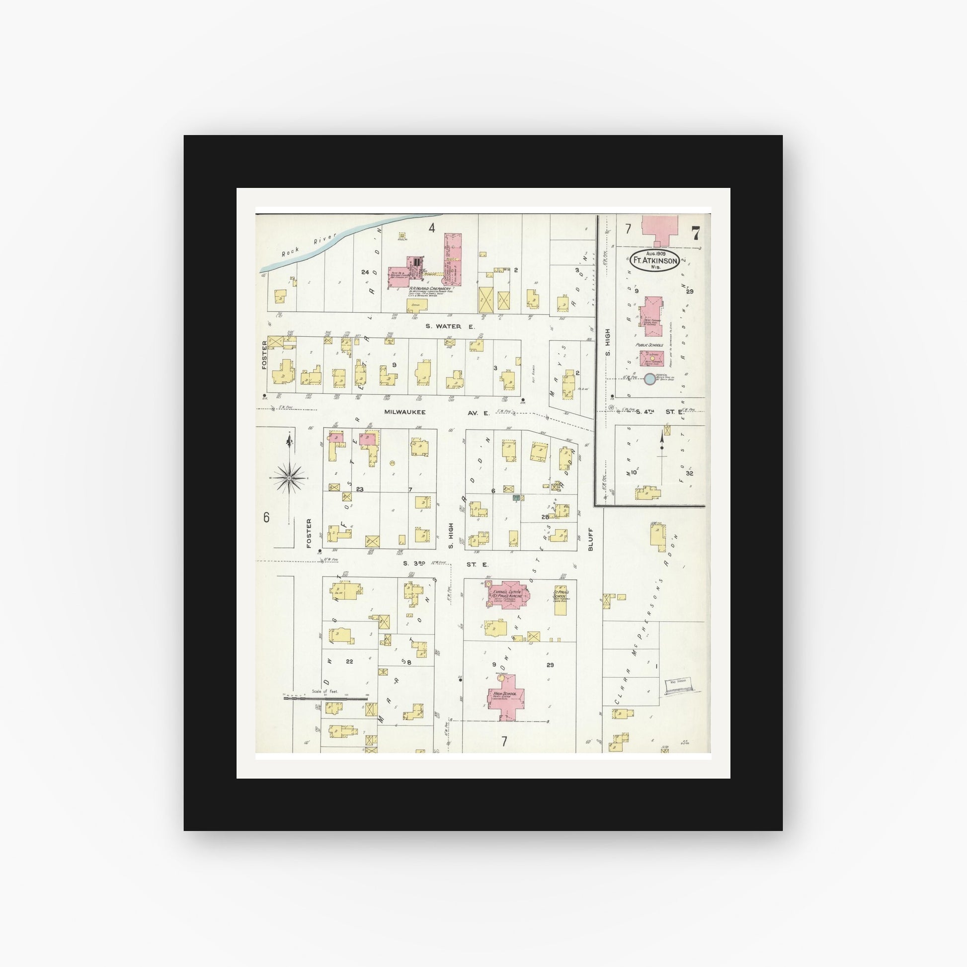 Old map wall art mockup — black gallery frame with white mat — Sanborn Fire Insurance Map from Fort Atkinson, Jefferson County, Wisconsin (1909), Sheet #0007