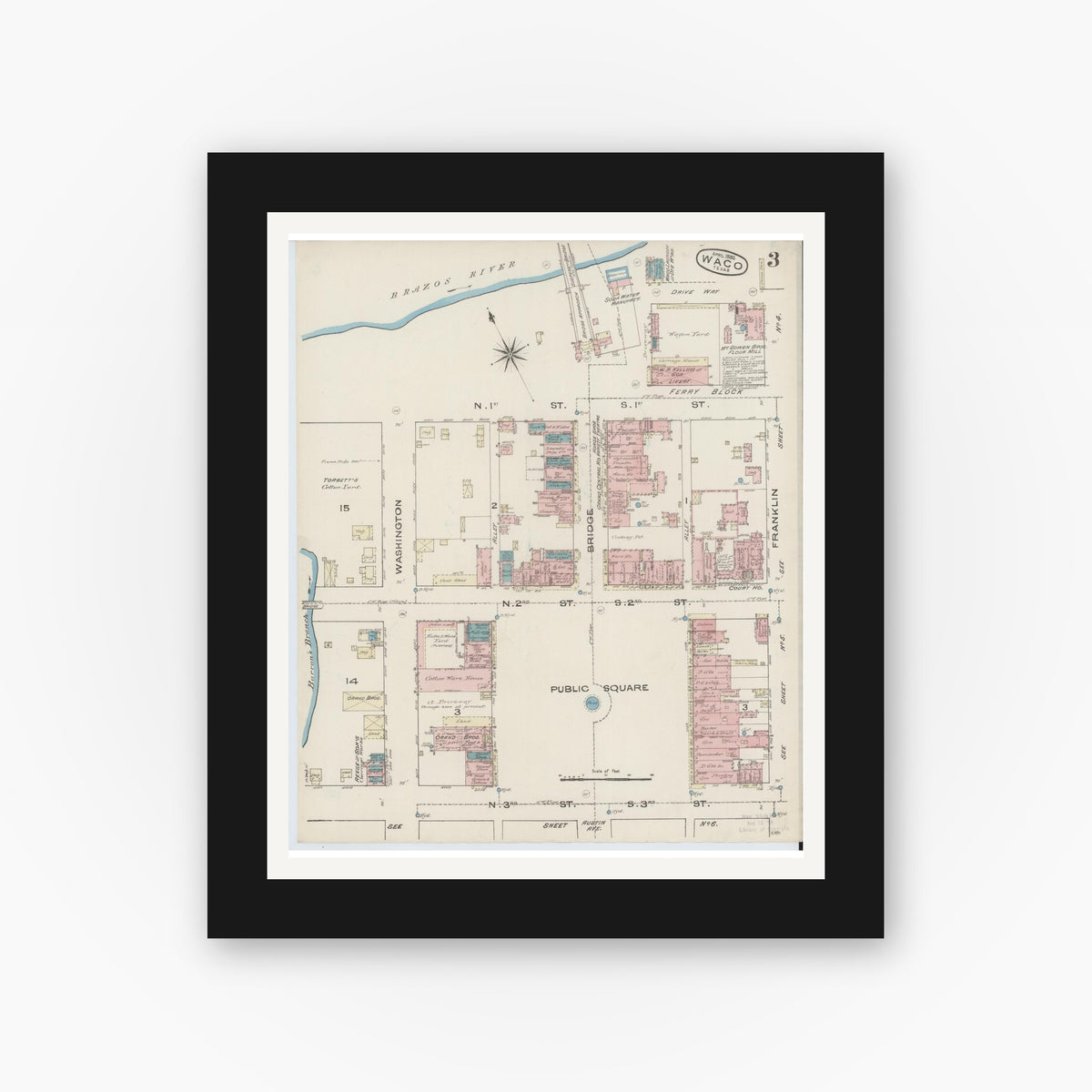 Old map wall art mockup — black gallery frame with white mat — Sanborn Fire Insurance Map from Waco, McLennan County, Texas (1885), Sheet #0003