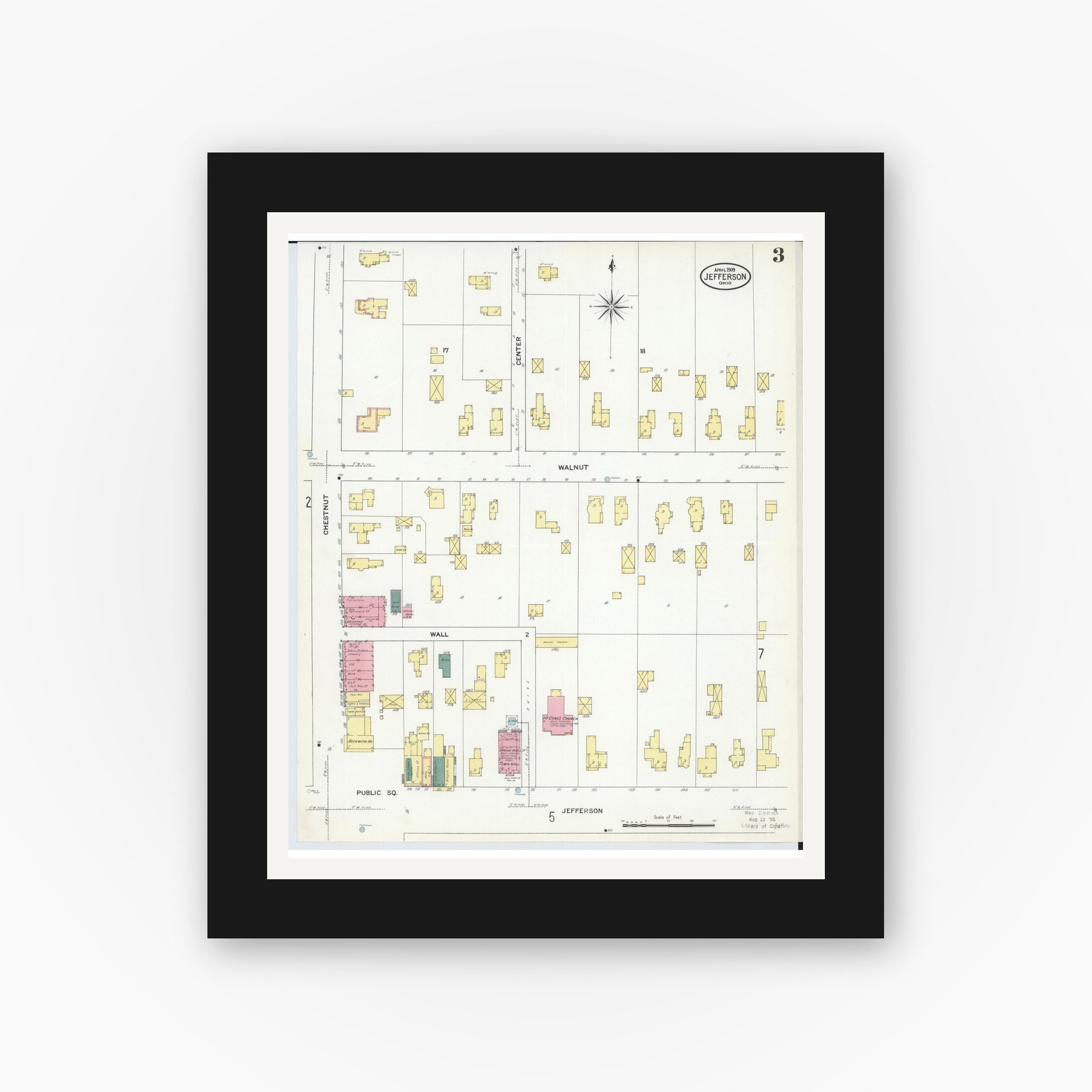 Old map wall art mockup — black gallery frame with white mat — Sanborn Fire Insurance Map from Jefferson, Ashtabula County, Ohio (1909), Sheet #0003