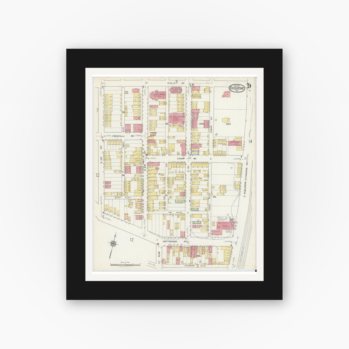 Old map wall art mockup — black gallery frame with white mat — Sanborn Fire Insurance Map from Duquesne, Allegheny County, Pennsylvania (1917), Sheet #0009