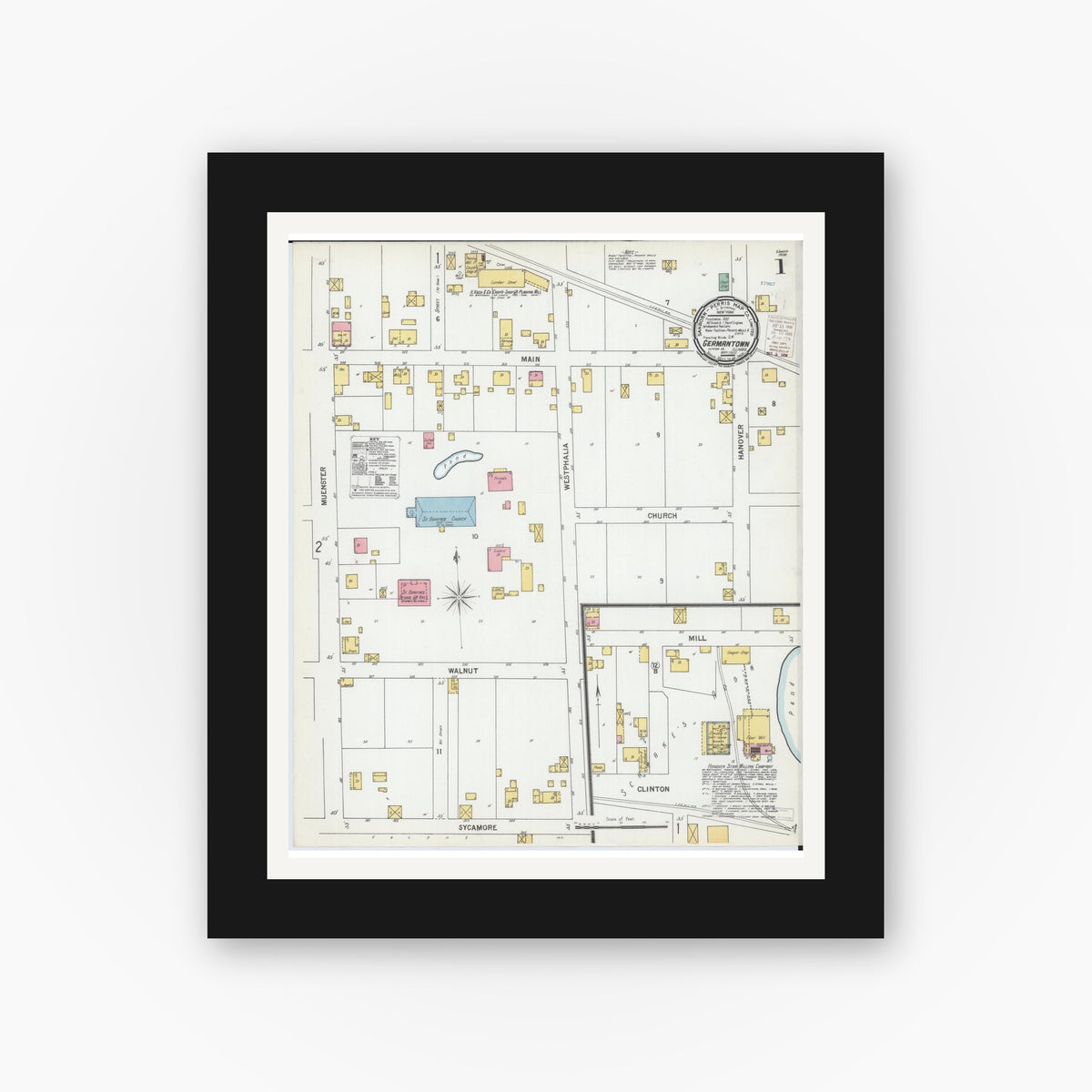 Old map wall art mockup — black gallery frame with white mat — Sanborn Fire Insurance Map from Germantown, Clinton County, Illinois (1900) - Complete Map Set