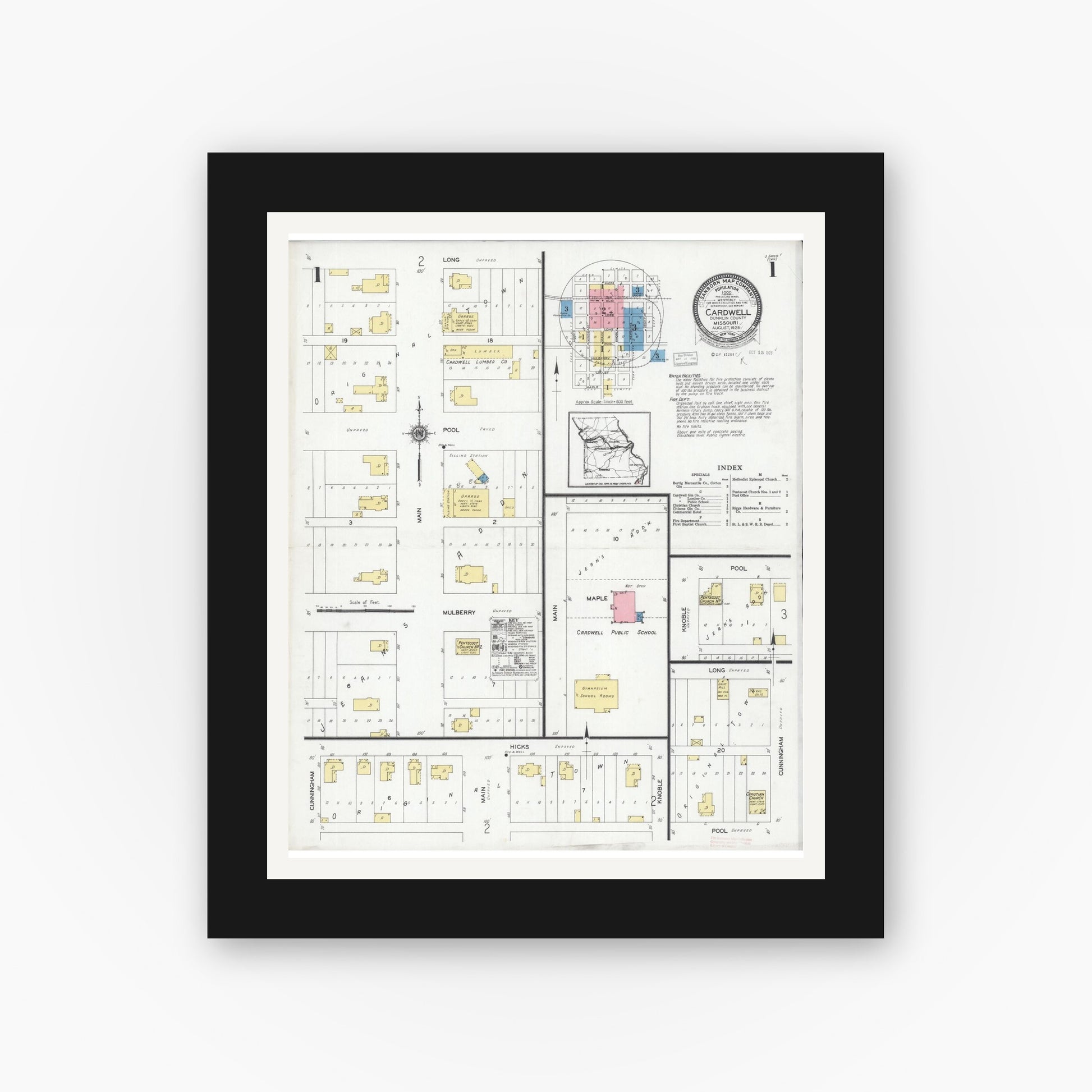Old map wall art mockup — black gallery frame with white mat — Sanborn Fire Insurance Map from Cardwell, Dunklin County, Missouri (1928) - Complete Map Set