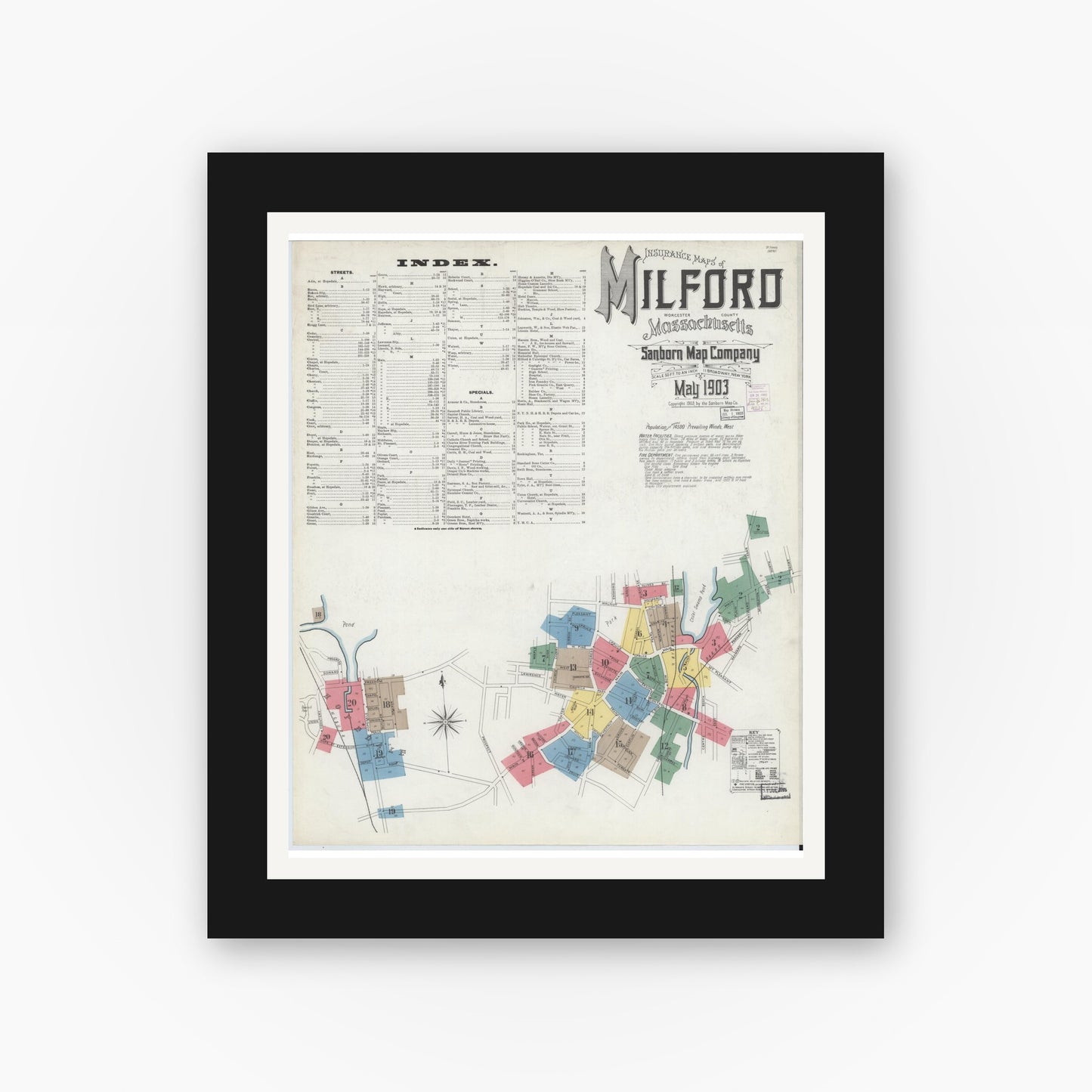 Old map wall art mockup — black gallery frame with white mat — Sanborn Fire Insurance Map from Milford, Worcester County, Massachusetts (1903), Sheet #0001