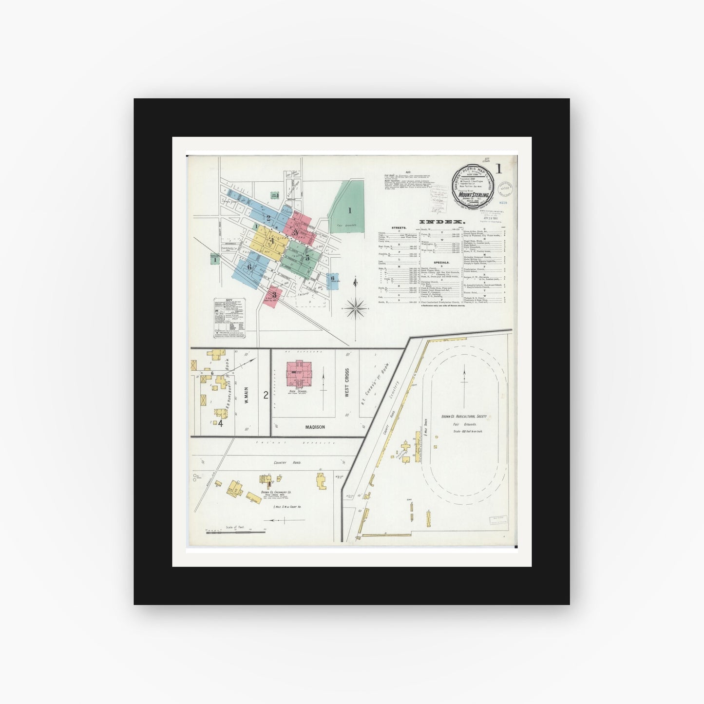 Old map wall art mockup — black gallery frame with white mat — Sanborn Fire Insurance Map from Mount Sterling, Brown County, Illinois (1900) - Complete Map Set
