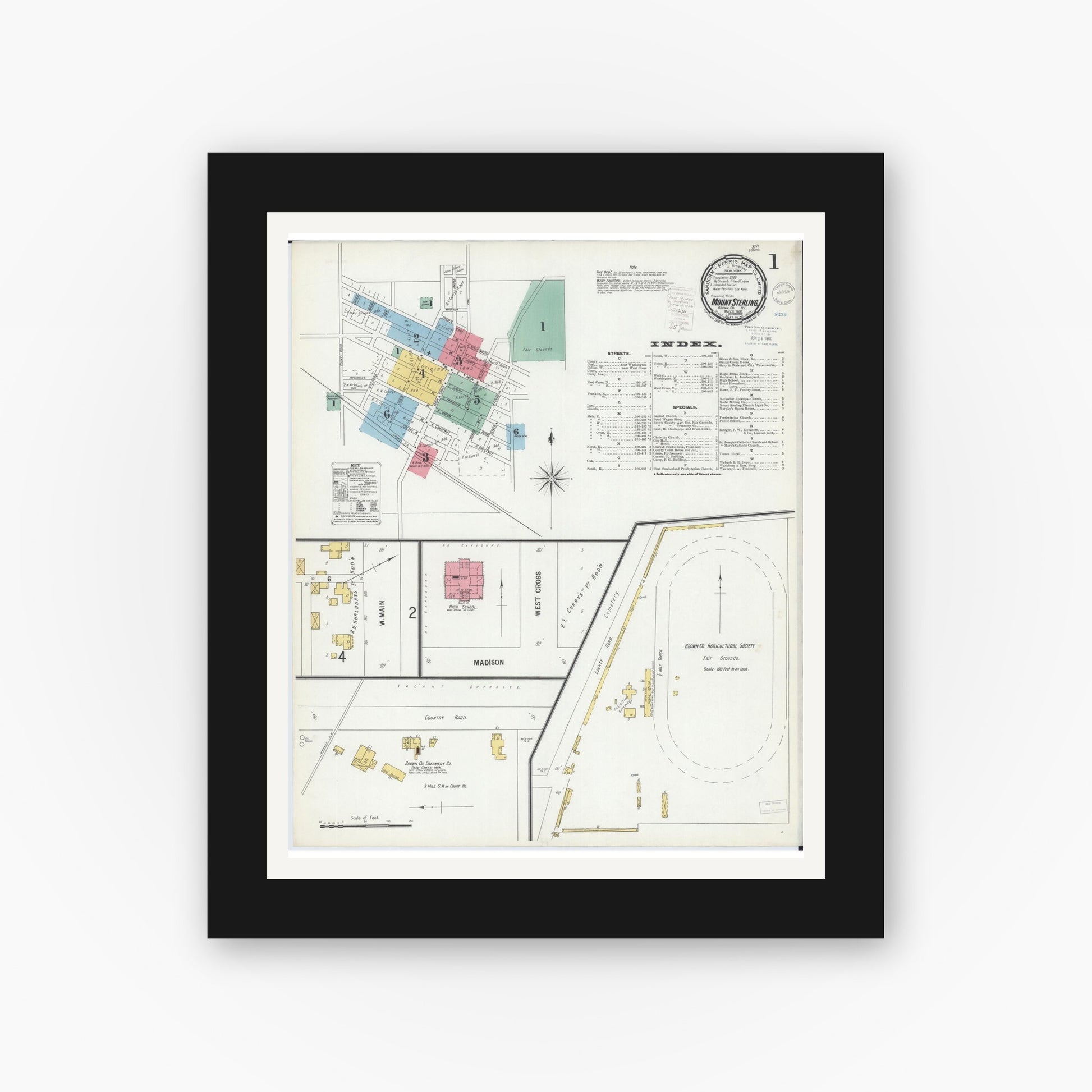 Old map wall art mockup — black gallery frame with white mat — Sanborn Fire Insurance Map from Mount Sterling, Brown County, Illinois (1900) - Complete Map Set