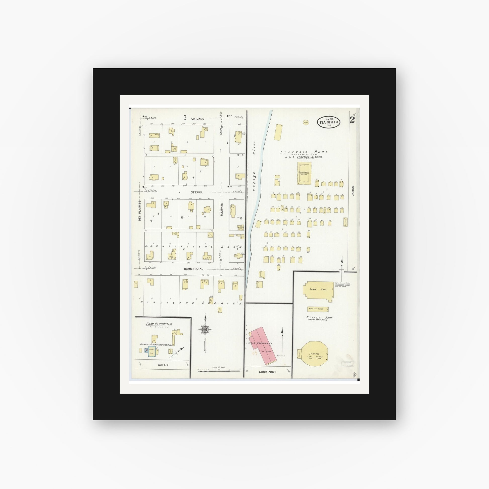 Old map wall art mockup — black gallery frame with white mat — Sanborn Fire Insurance Map from Plainfield, Will County, Illinois (1912), Sheet #0002