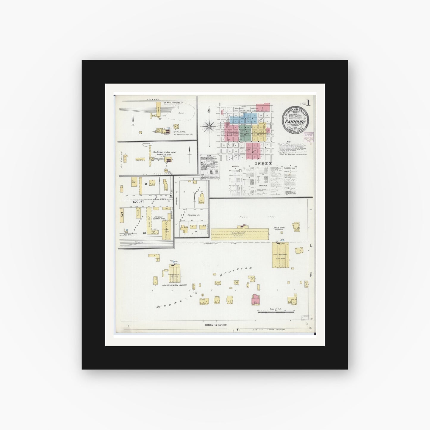 Old map wall art mockup — black gallery frame with white mat — Sanborn Fire Insurance Map from Fairbury, Livingston County, Illinois (1906) - Complete Map Set