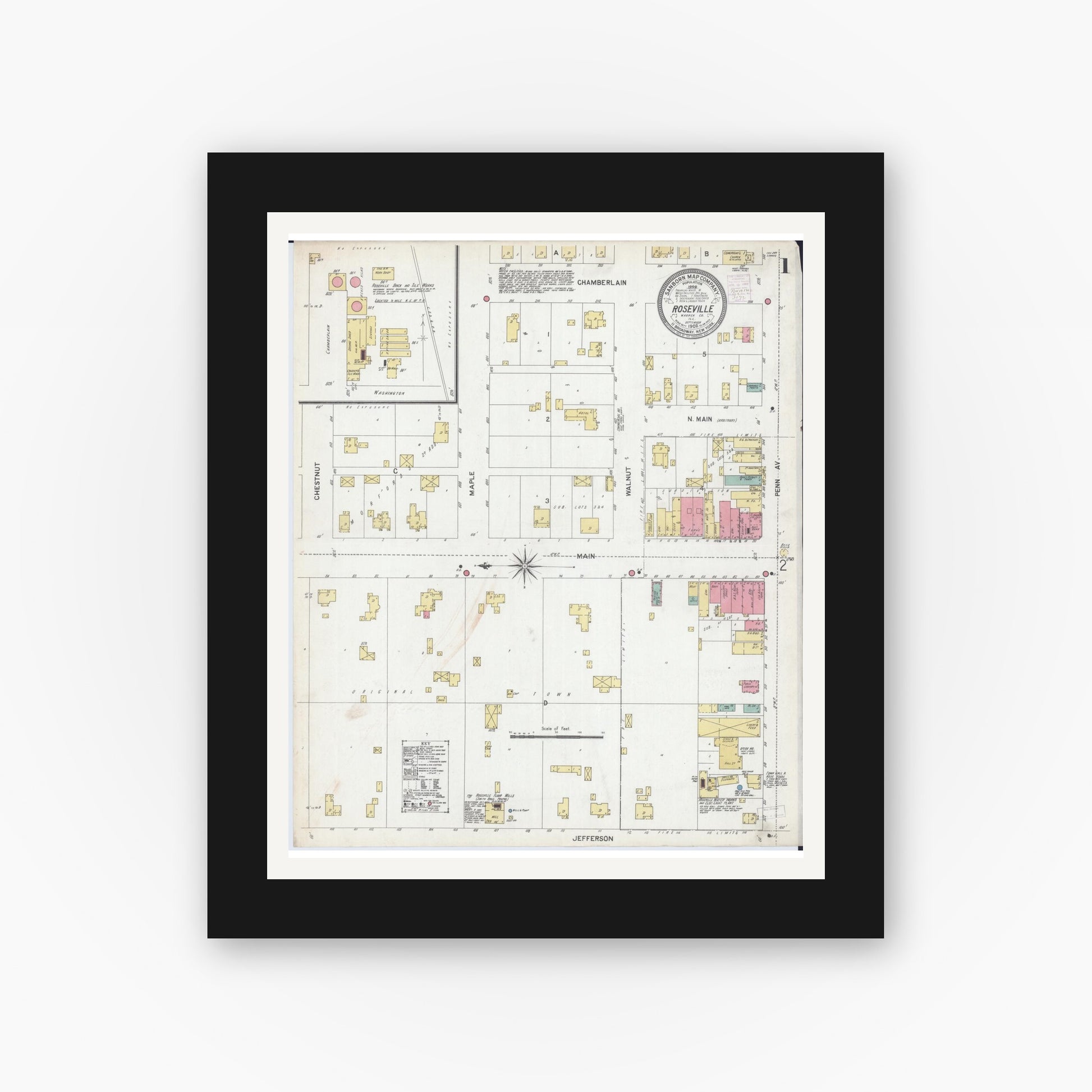 Old map wall art mockup — black gallery frame with white mat — Sanborn Fire Insurance Map from Roseville, Warren County, Illinois (1902), Sheet #0001