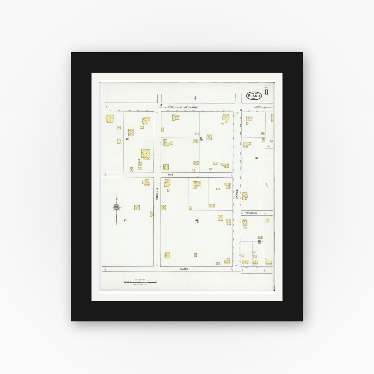 Old map wall art mockup — black gallery frame with white mat — Sanborn Fire Insurance Map from Plano, Collin County, Texas (1921), Sheet #0008