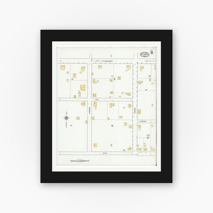 Old map wall art mockup — black gallery frame with white mat — Sanborn Fire Insurance Map from Plano, Collin County, Texas (1921), Sheet #0008