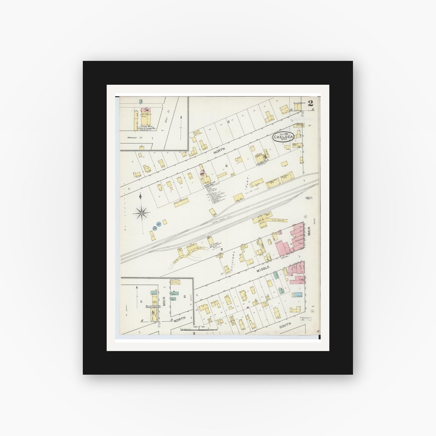 Old map wall art mockup — black gallery frame with white mat — Sanborn Fire Insurance Map from Chelsea, Washtenaw County, Michigan (1892), Sheet #0002