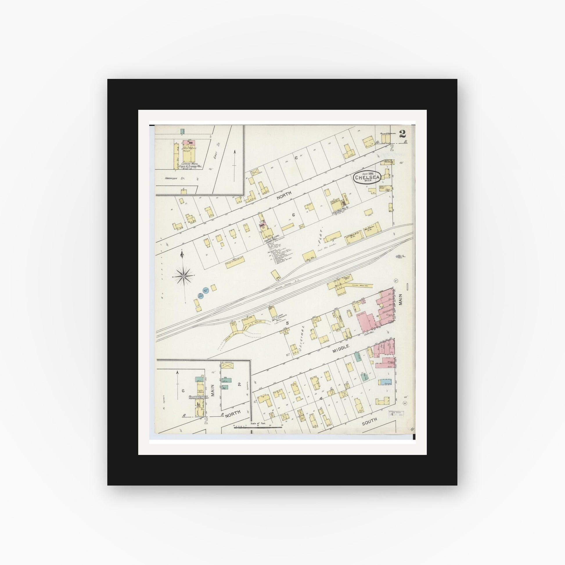 Old map wall art mockup — black gallery frame with white mat — Sanborn Fire Insurance Map from Chelsea, Washtenaw County, Michigan (1892), Sheet #0002