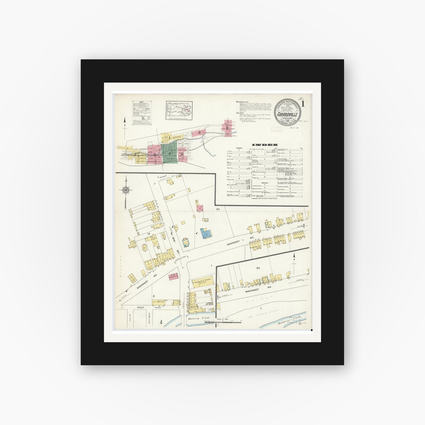 Old map wall art mockup — black gallery frame with white mat — Sanborn Fire Insurance Map from Girardsville, Schuylkill County, Pennsylvania (1913), Sheet #0001