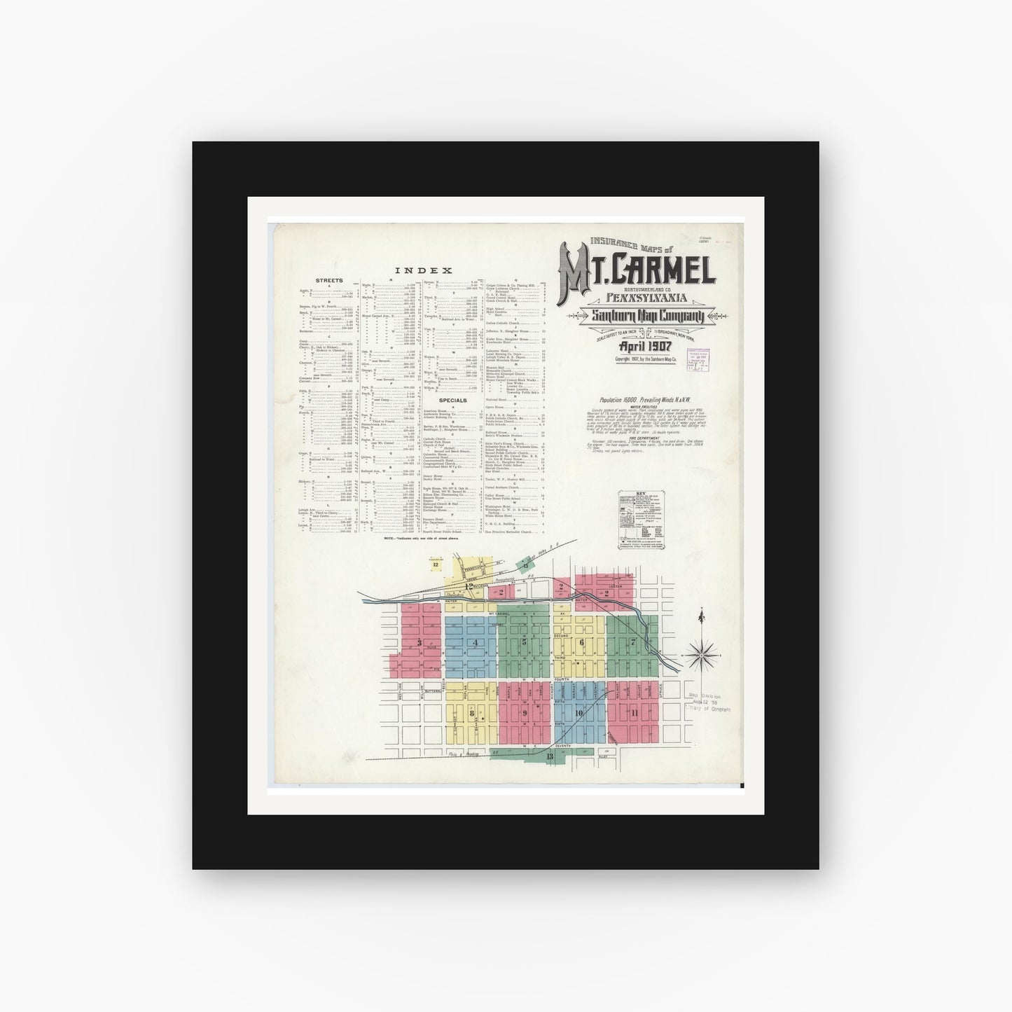 Old map wall art mockup — black gallery frame with white mat — Sanborn Fire Insurance Map from Mount Carmel, Northumberland County, Pennsylvania (1907), Sheet #0001