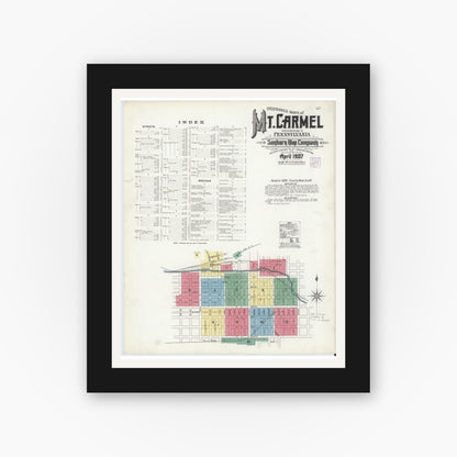 Old map wall art mockup — black gallery frame with white mat — Sanborn Fire Insurance Map from Mount Carmel, Northumberland County, Pennsylvania (1907), Sheet #0001